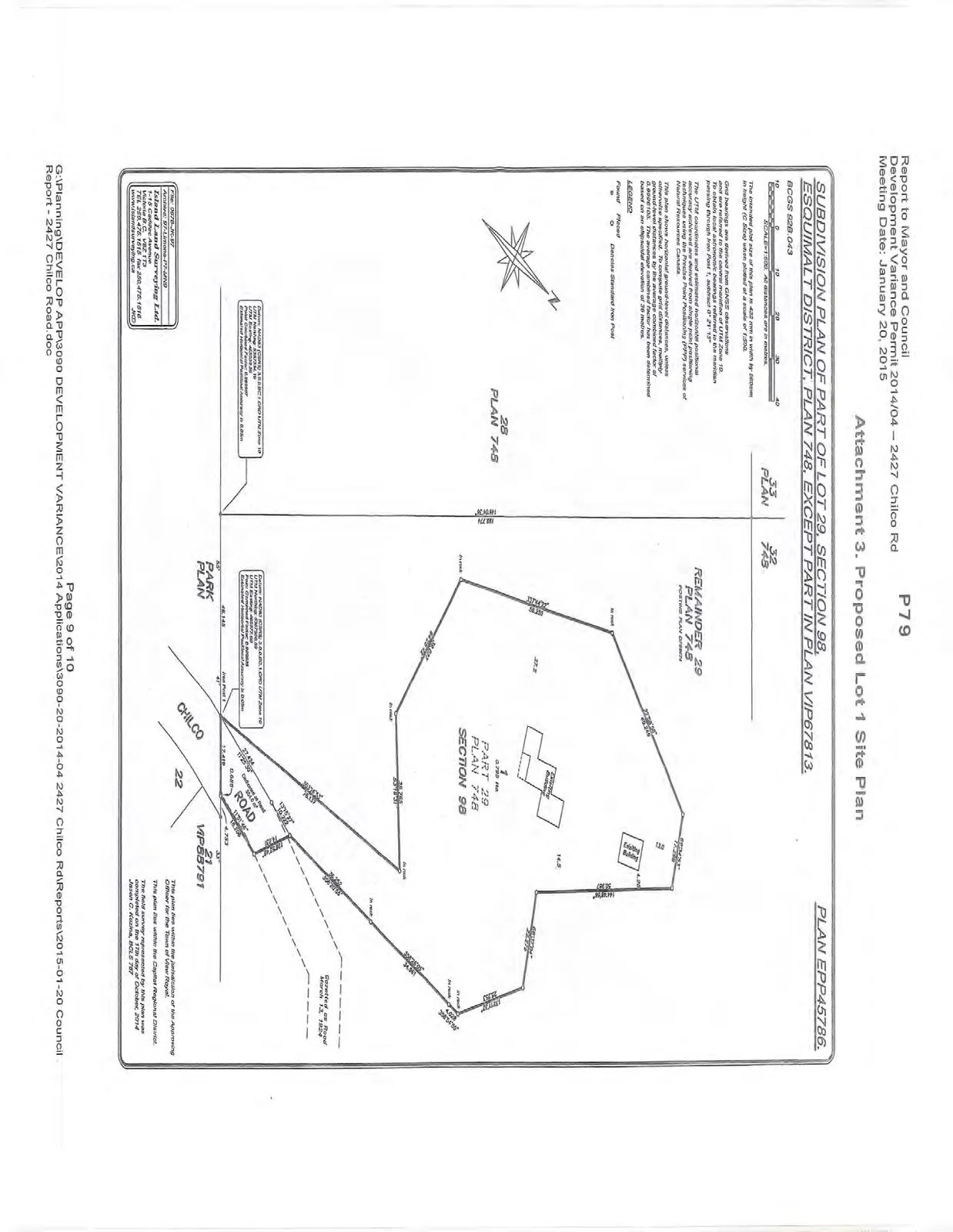 Subdivision plan of part of Lot 29, Section 98, Esquimalt District, Plan 748, except part in plan VIP67813, showing proposed Lot 1 and surrounding parcels at 2427 Chilco Road.