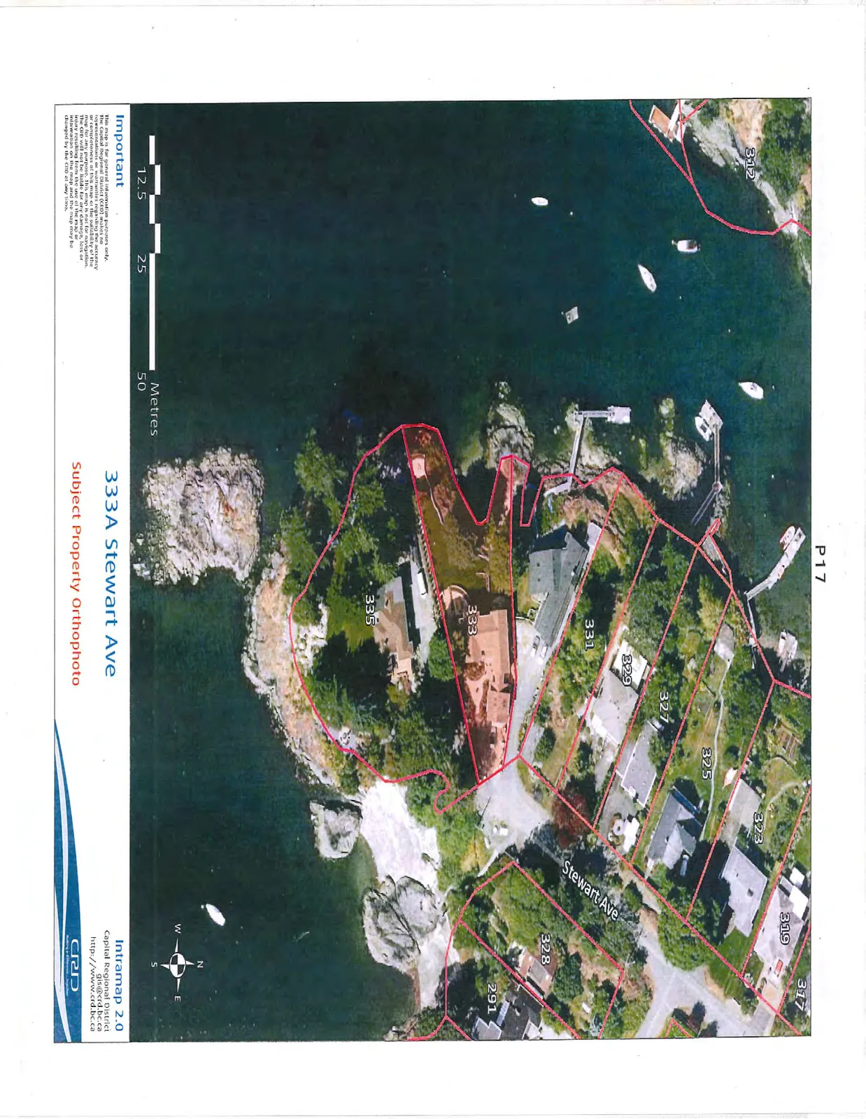 Subject property orthophoto map of 333A Stewart Ave and surrounding parcels along Stewart Ave, showing property boundaries, building footprints, shoreline, and a 50-metre scale. Labeled properties include 291, 312, 317, 319, 323, 325, 327, 328, 329, 331, 333, and 335.