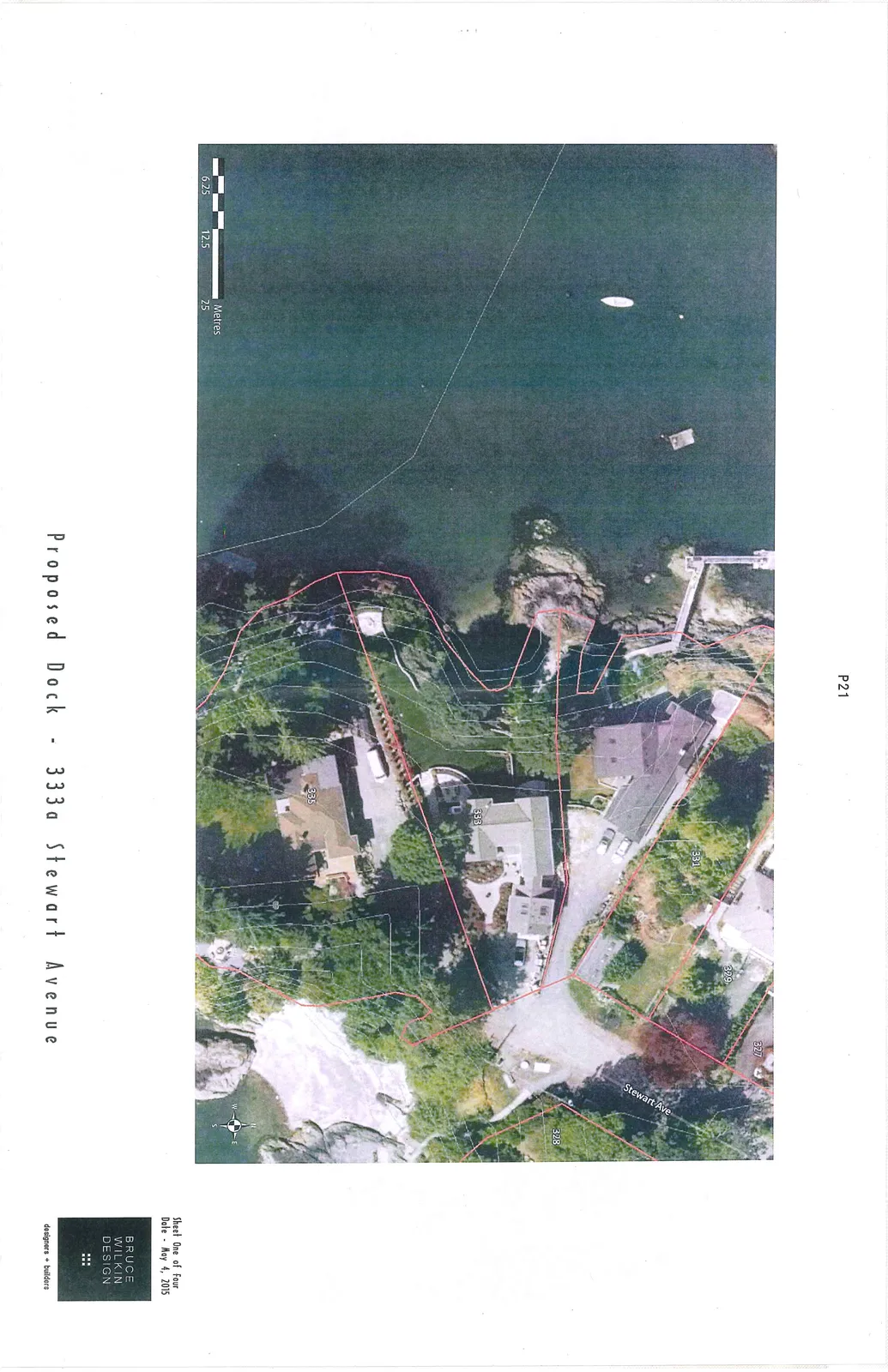 Aerial site plan showing property boundaries and existing structures for 327, 329, 331, 333, and 335 Stewart Avenue, including a proposed dock location on the shoreline.