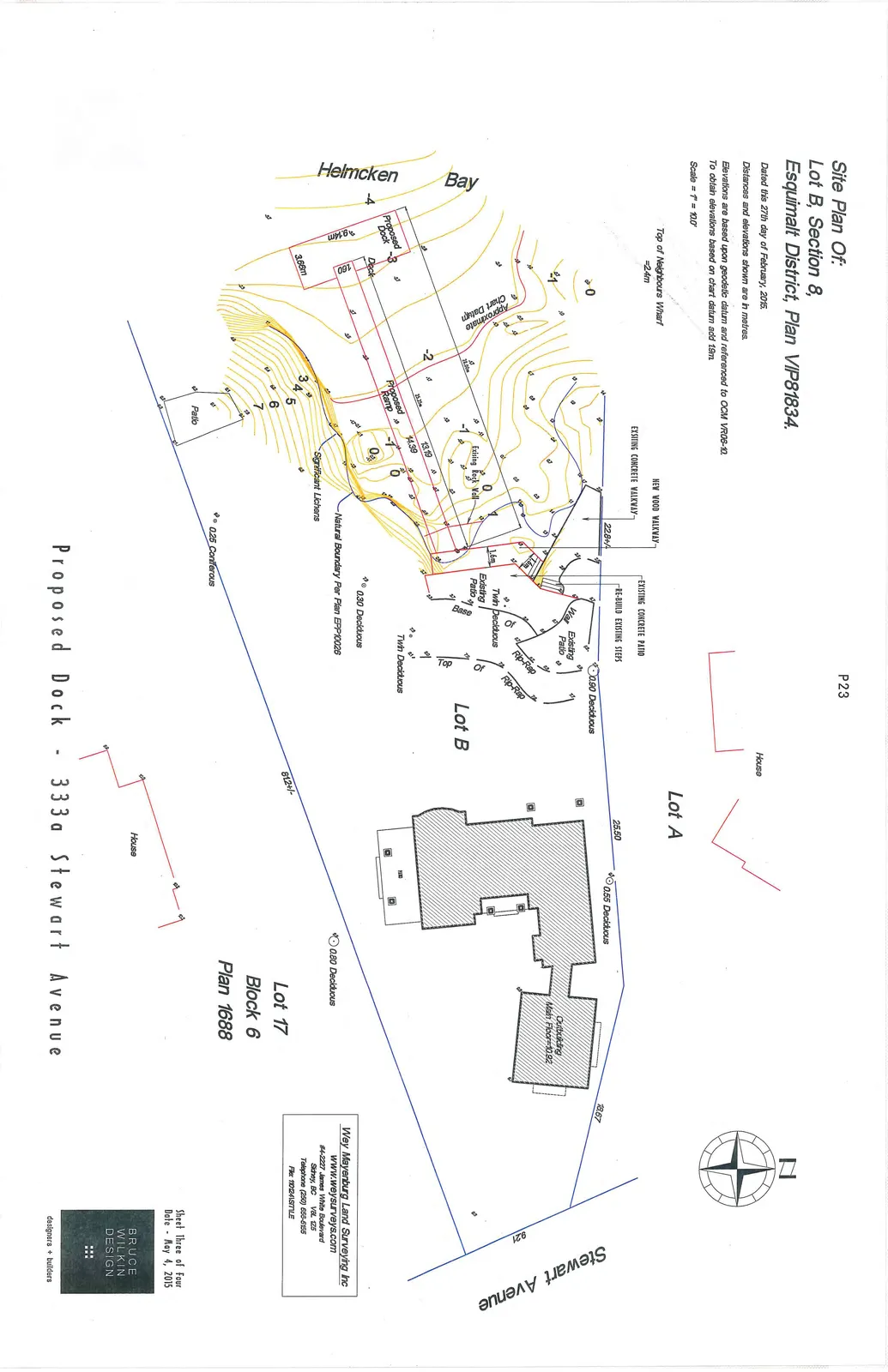 Site plan diagram for 333a Stewart Avenue, showing property lines for Lot A and Lot B, topographical contour lines, existing structures, vegetation, and a proposed dock installation in Helmcken Bay.