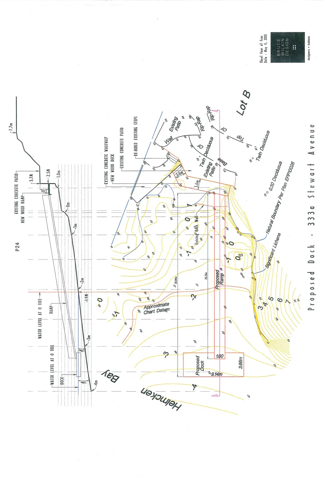 Technical drawing showing the plan and profile views of a proposed dock and ramp at 333a Stewart Avenue, including site topography, existing features, and proposed structures.
