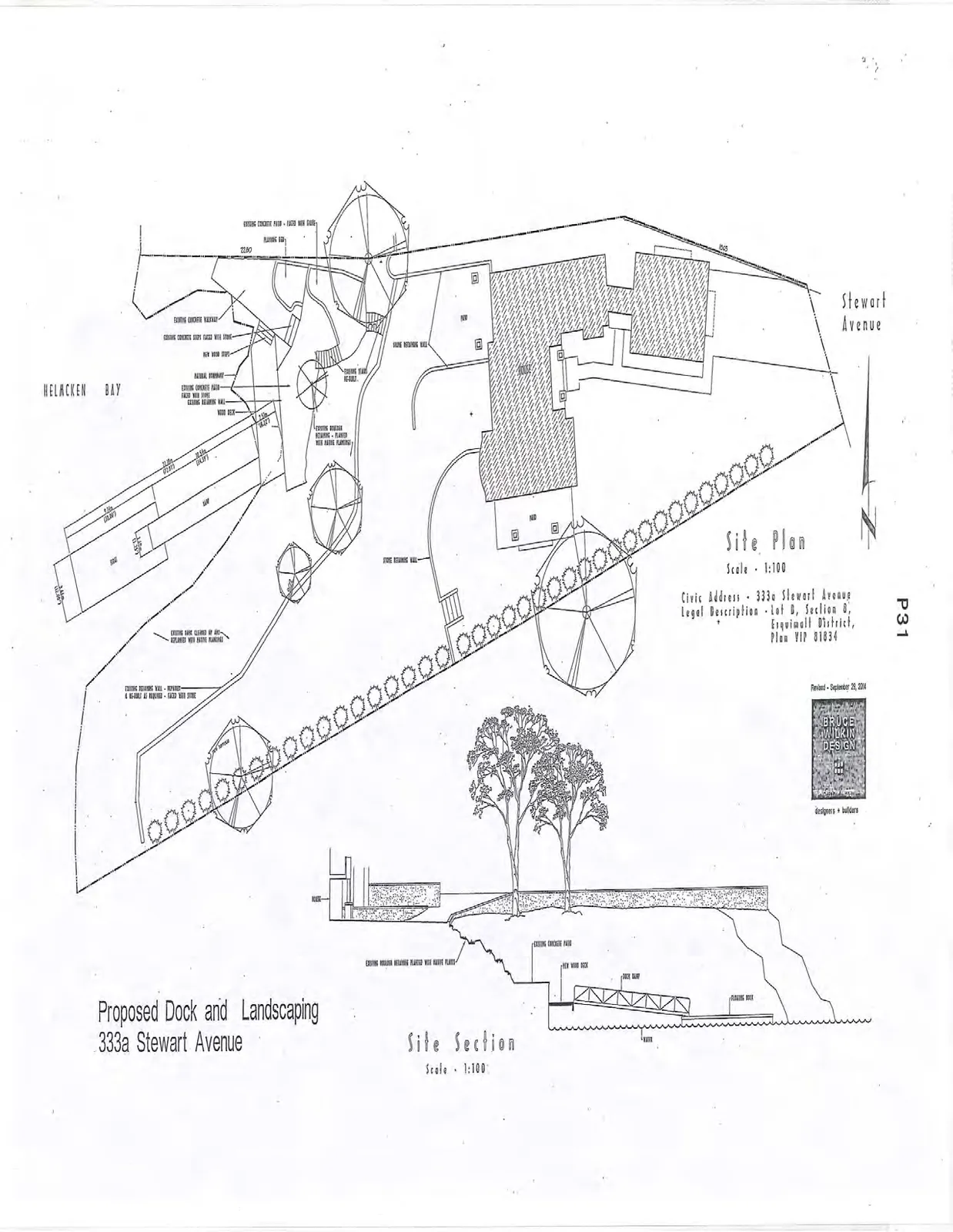 Architectural drawing featuring a Site Plan and Site Section for the property at 333a Stewart Avenue, showing landscaping details, a new wood deck, and a dock system on Helmcken Bay.