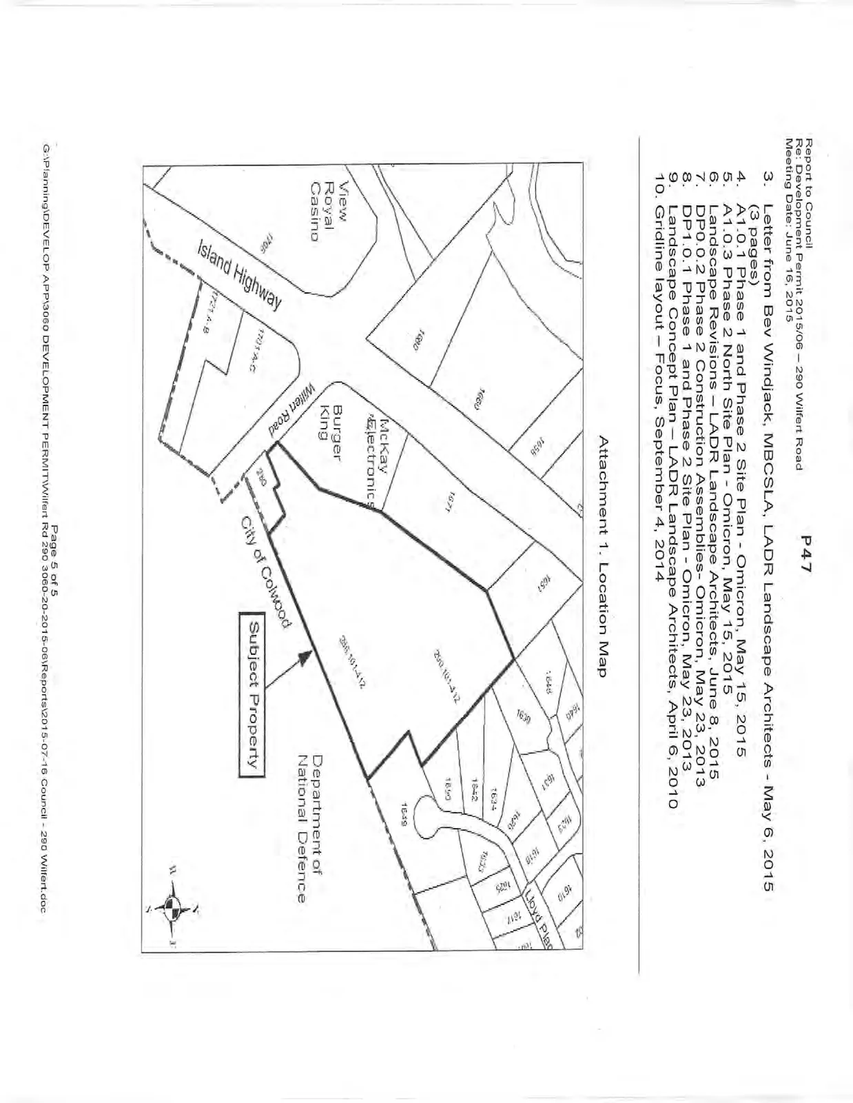 Location map detailing the subject property at 290 Wilfert Road. The map shows the property's proximity to Wilfert Road and the Island Highway, with adjacent landmarks including the View Royal Casino, Burger King, McKay Electronics, the City of Colwood boundary, and Department of National Defence land. Nearby residential lots on Lloyd Place are also indicated.