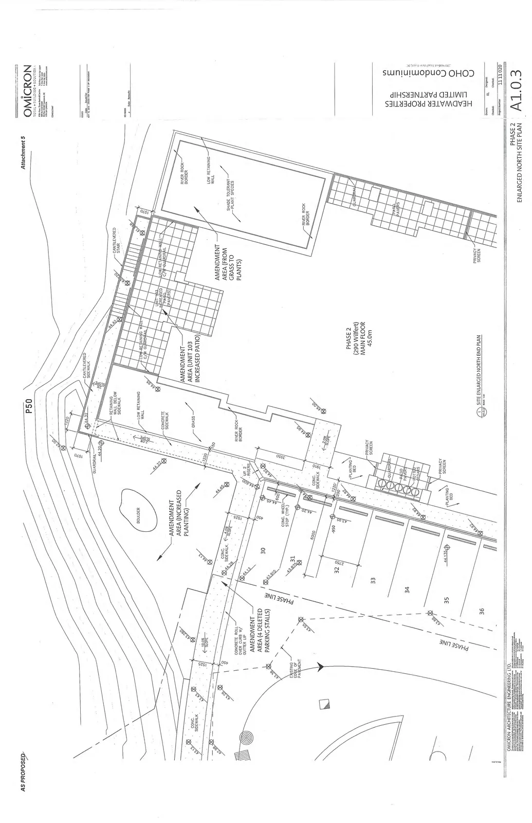Enlarged North Site Plan drawing for Coho Condominiums Phase 2, showing site layout including parking, landscaping amendments, and building floor plan area.
