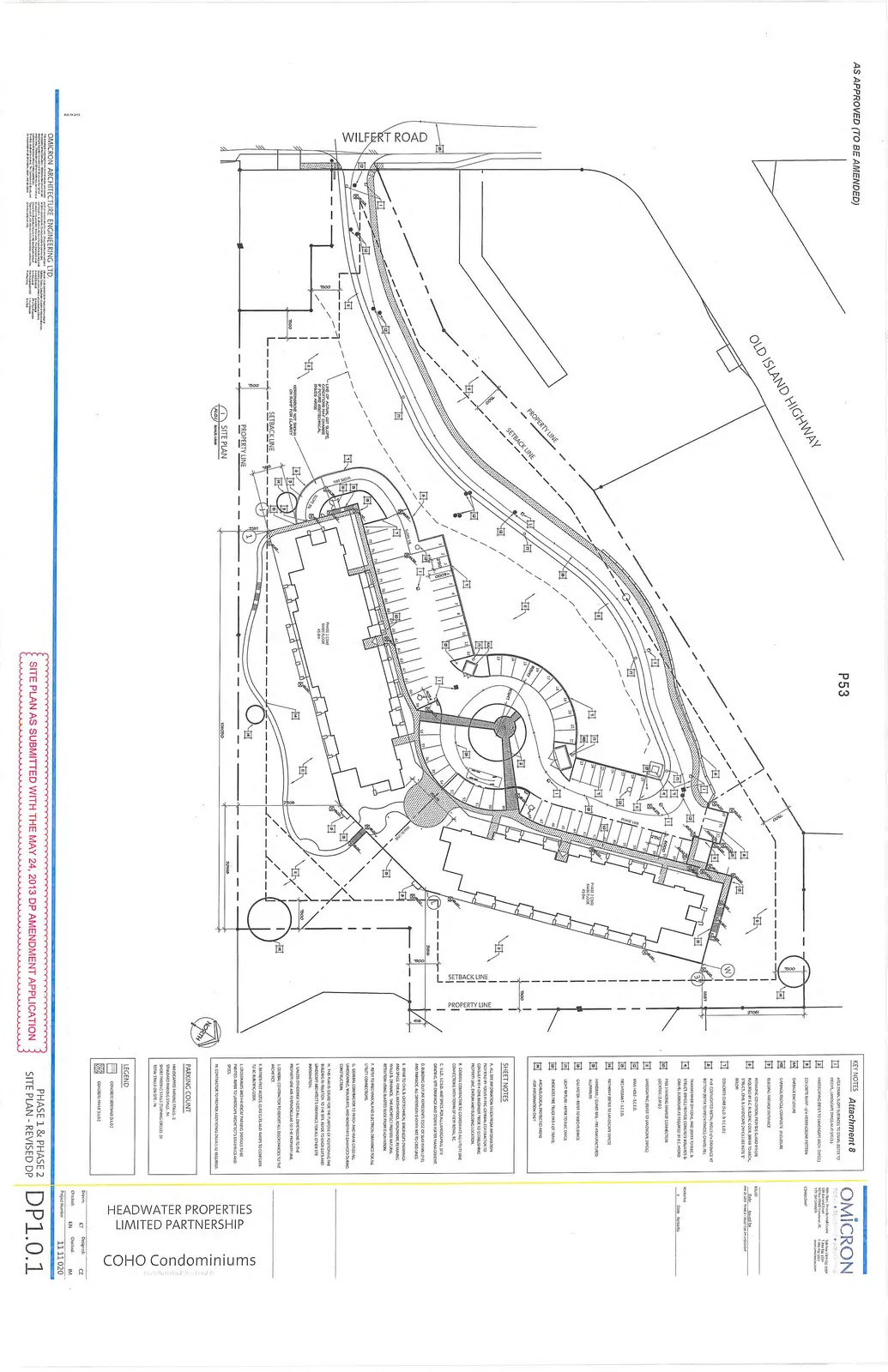 Site plan for Phase 1 & 2 of COHO Condominiums showing the building footprint, parking lot, access roads from Wilfert Road and Old Island Highway, property and setback lines, and various site features keyed to the notes.