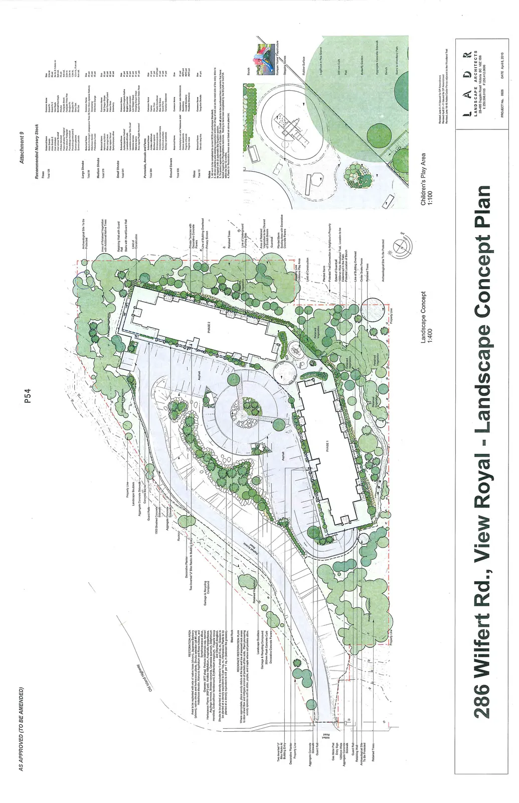 Main Landscape Concept Plan showing Phase 1 and Phase 2 buildings, asphalt parking areas, circular drop-off, property lines, and extensive retained and new vegetation.