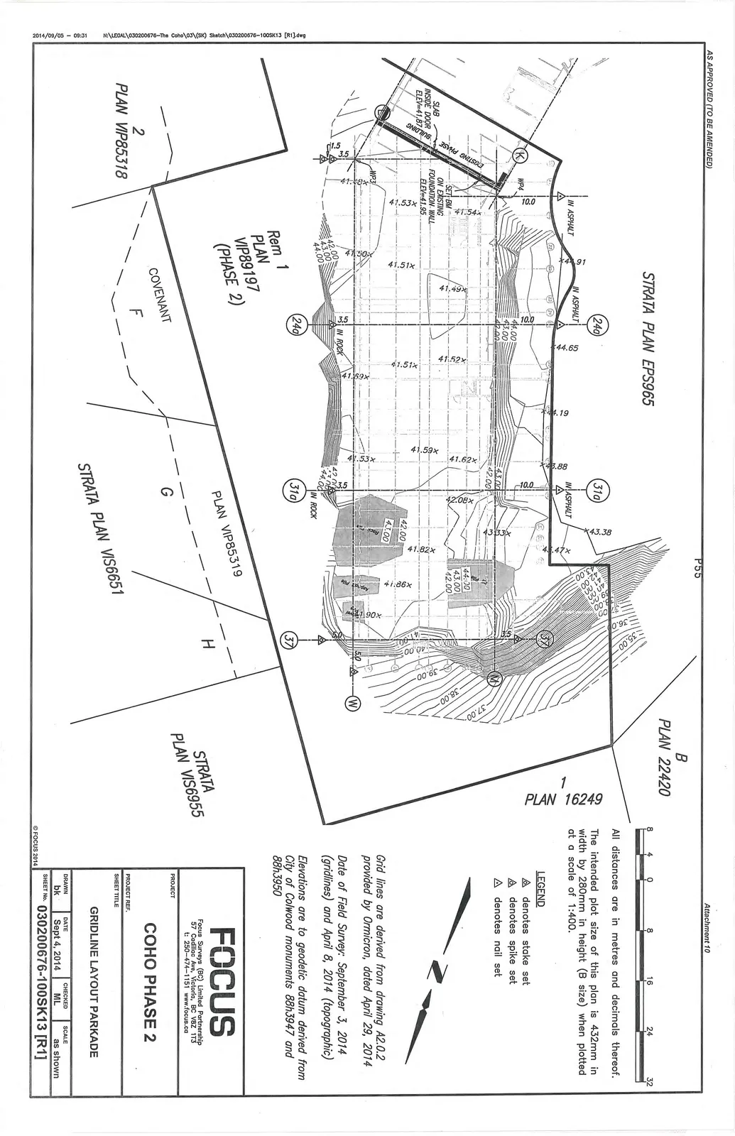 Gridline layout parkade survey plan for COHO Phase 2. The drawing illustrates the parkade grid over topographic data and existing property lines, including Strata Plan EPS965, VIP85318, VIP89197, VIP85319, VIS6651, VIS6955, and others. Notes include survey dates and geodetic datum information.