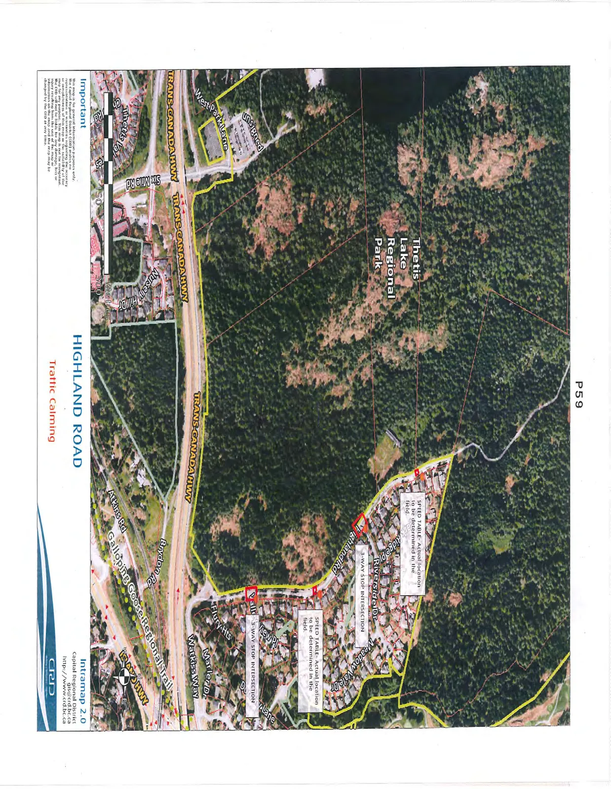Map of Highland Road showing proposed traffic calming measures including speed tables and 3-way stop intersections adjacent to Thetis Lake Regional Park.