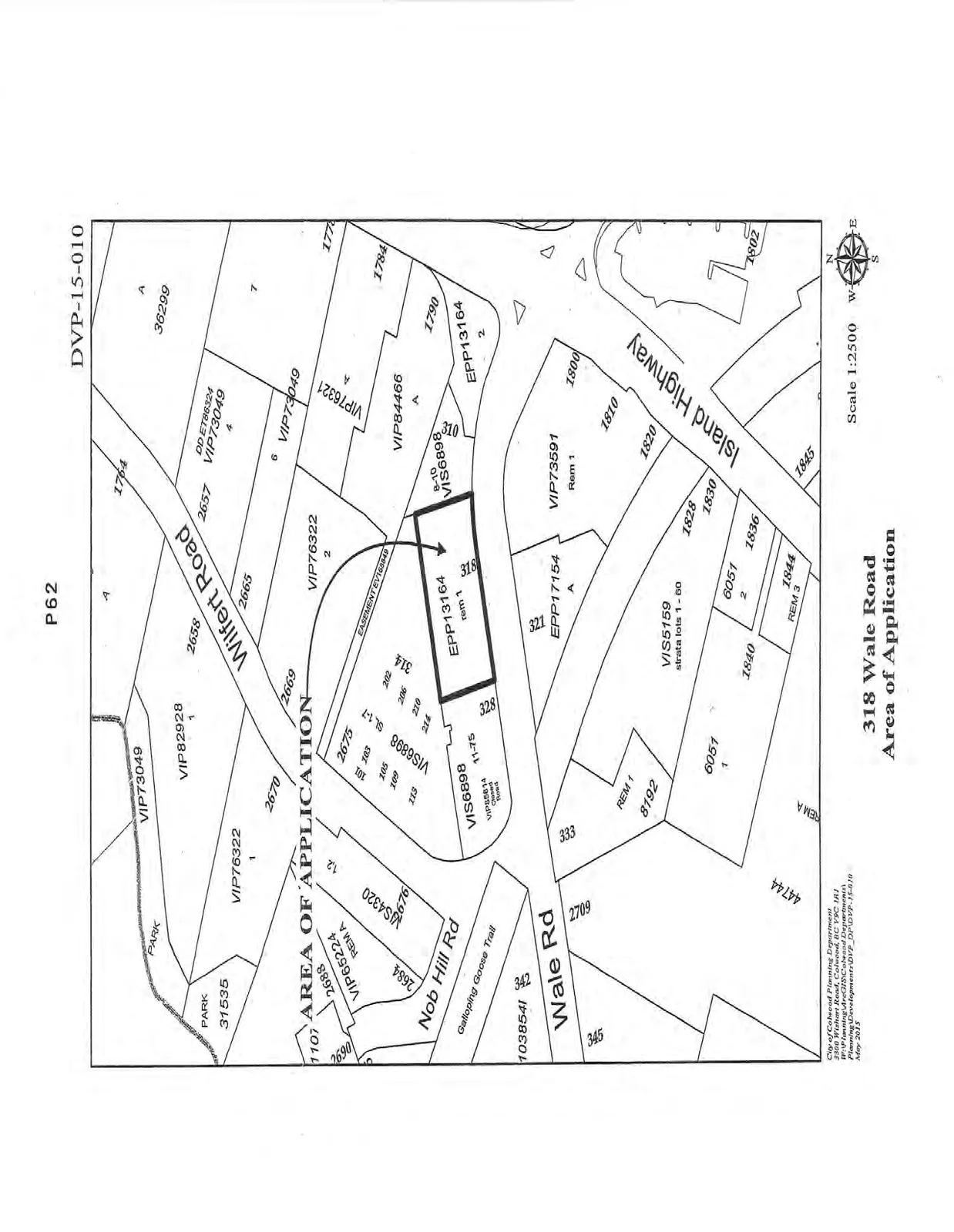 Map showing the Area of Application at 318 Wale Road (identified as lot EPP13164 rem 1). The map includes surrounding streets such as Wilfert Road, Nob Hill Road, Wale Road, and Island Highway, as well as the Galloping Goose Trail and various numbered land parcels.