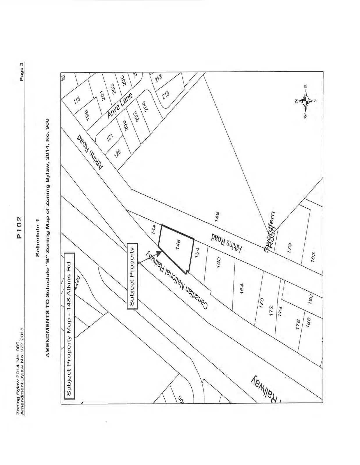 Subject Property Map for 148 Atkins Rd showing the lot situated between the Canadian National Railway and Atkins Road, surrounded by neighboring properties and streets including Anya Lane and Swordfern Road.