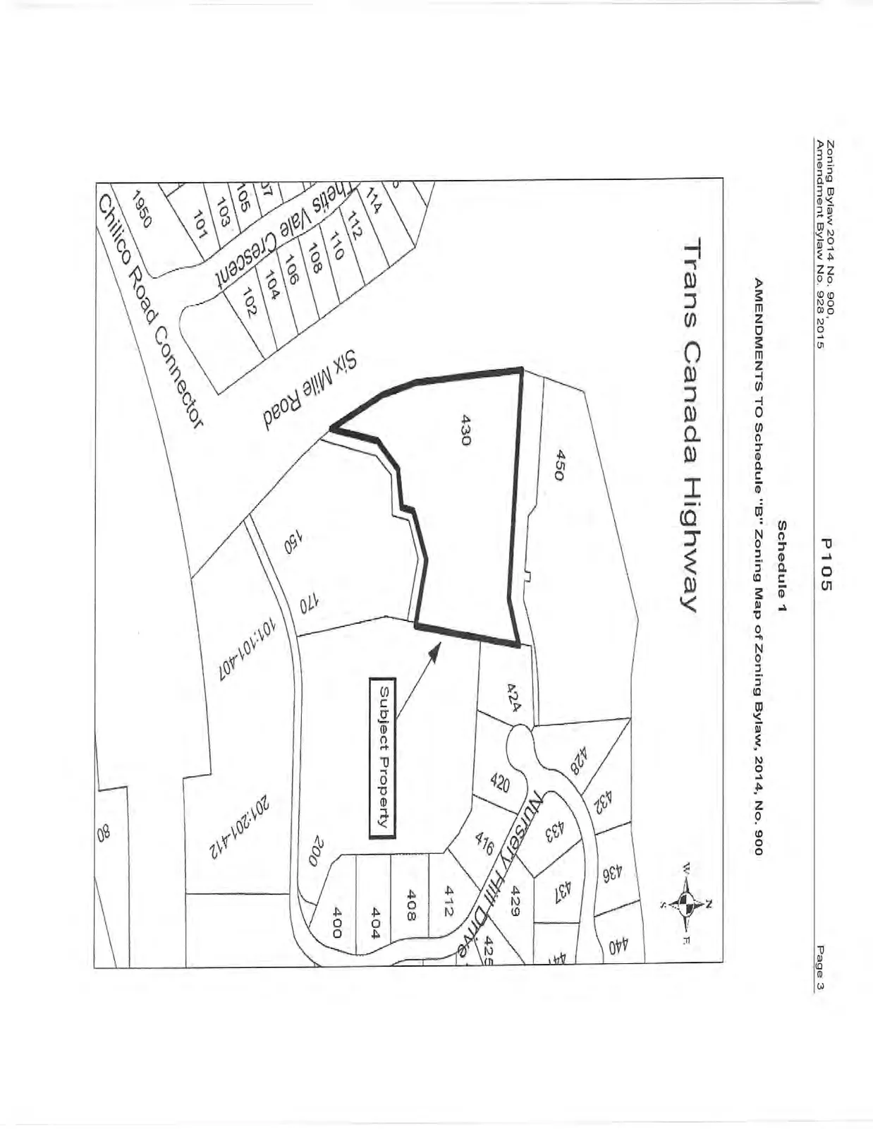 Map showing the Subject Property at 430 Six Mile Road and surrounding areas including Trans Canada Highway, Six Mile Road, and Nursery Hill Drive