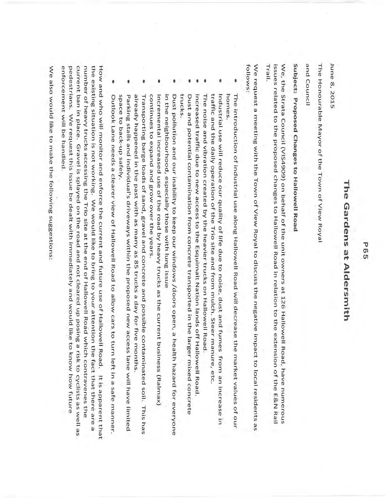 Letter from Strata Council (VIS4909) regarding proposed changes to Hallowell Road, page 1