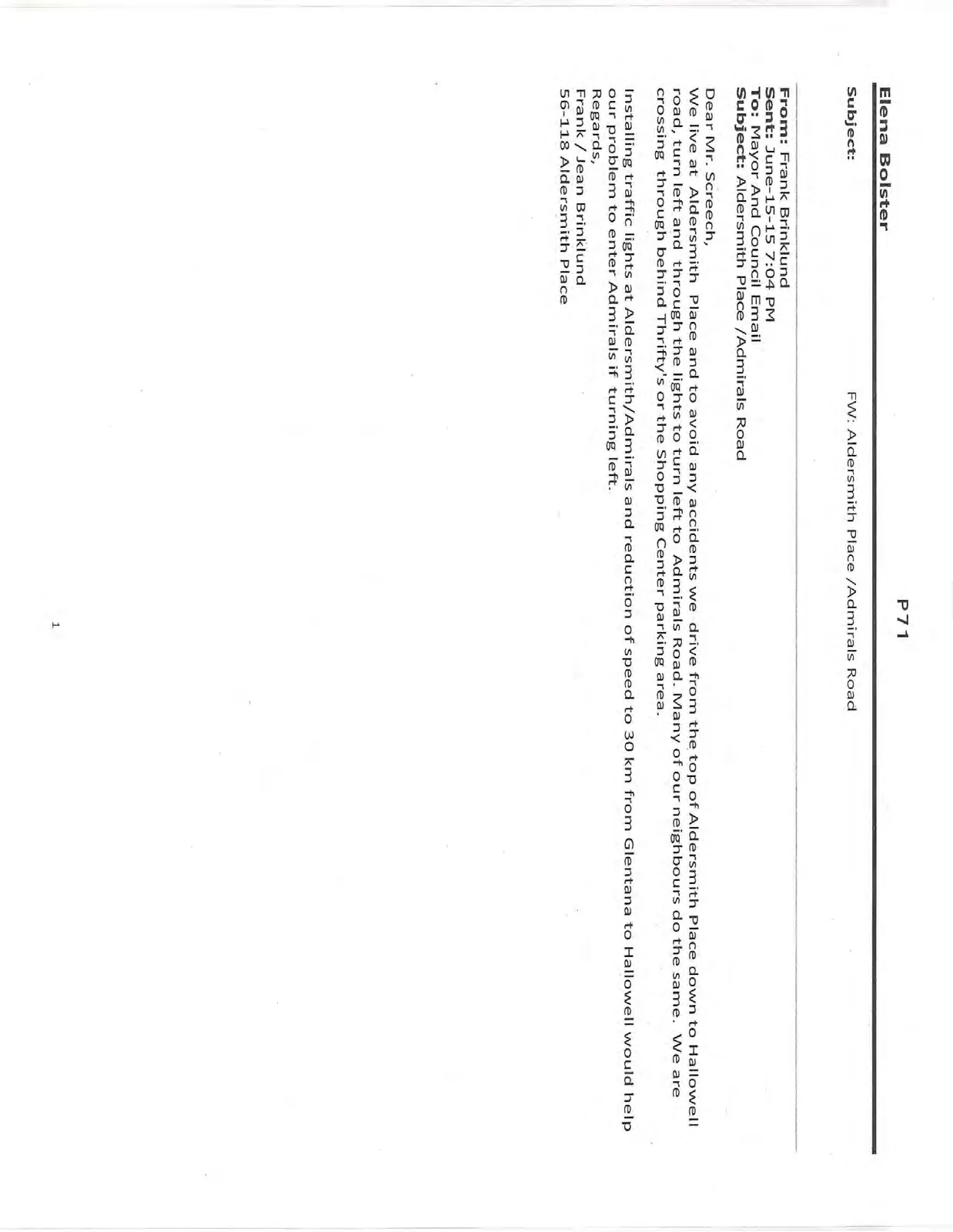 Email from Frank Brinklund regarding Aldersmith Place and Admirals Road traffic concerns