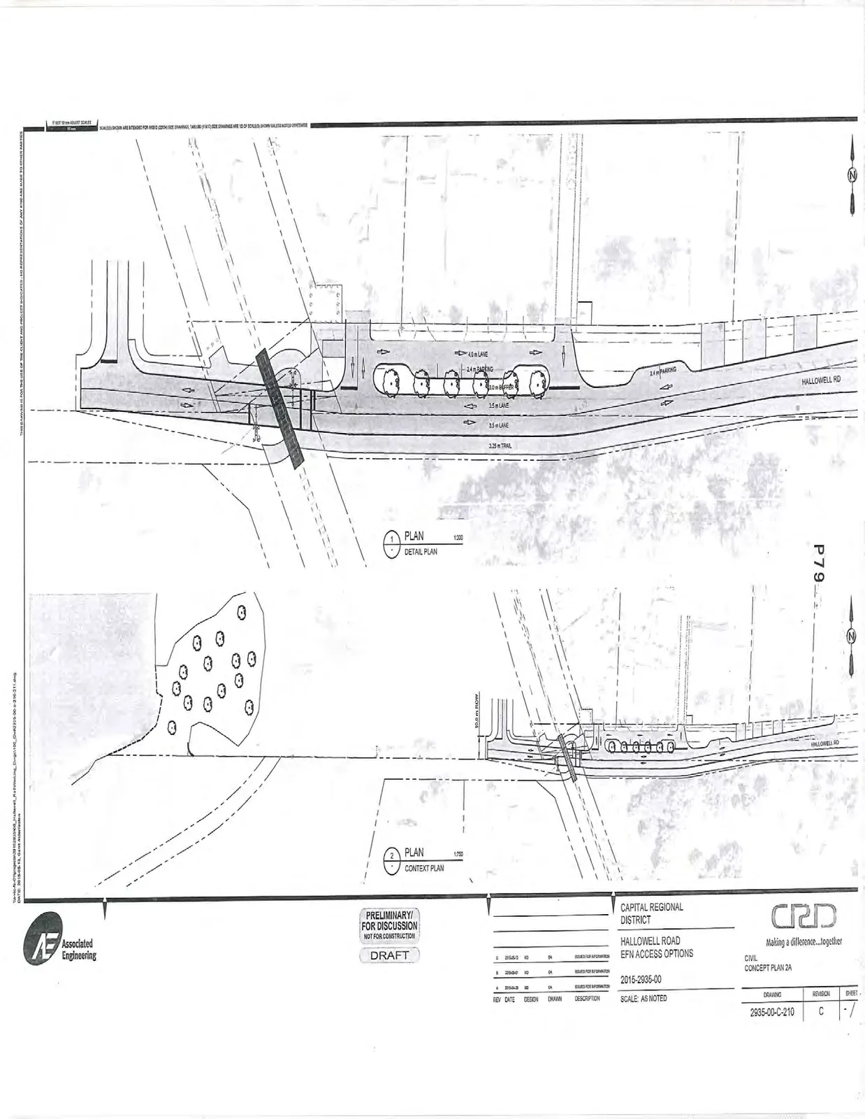 Engineering drawing showing a detail plan and context plan for Hallowell Road EFN Access Options, featuring road lane widths, parking areas, and a trail layout.