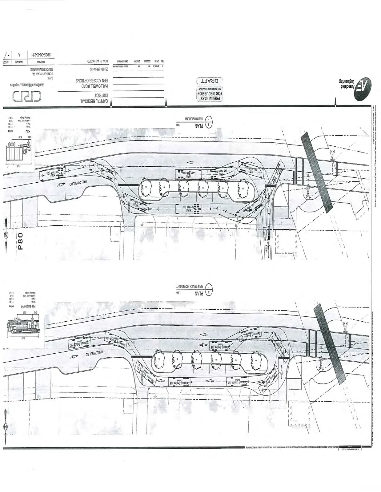 Technical drawing showing truck turning path simulations at Hallowell Road. The drawing includes two plan views: one for Fire Truck Movement and one for HSU Movement, along with vehicle specifications.