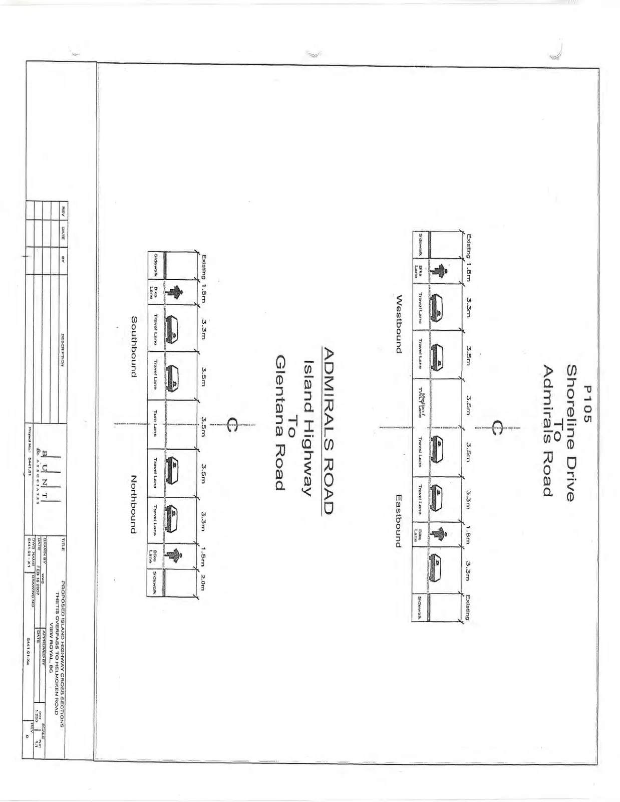 Cross-section diagram for Shoreline Drive to Admirals Road showing lane widths for Westbound and Eastbound directions.
