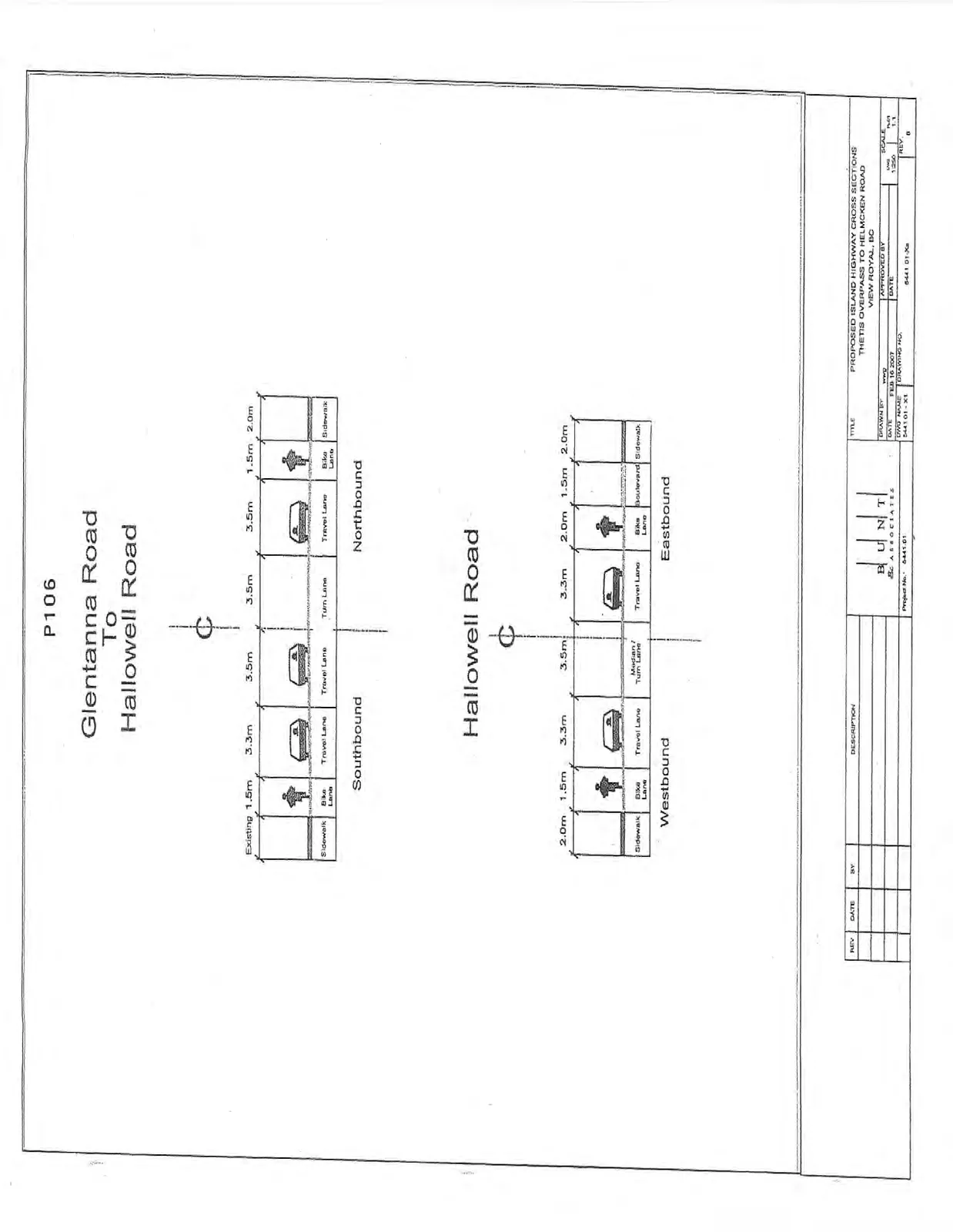 Cross-section diagram for Glentanna Road to Hallowell Road showing lane widths for Southbound and Northbound directions.