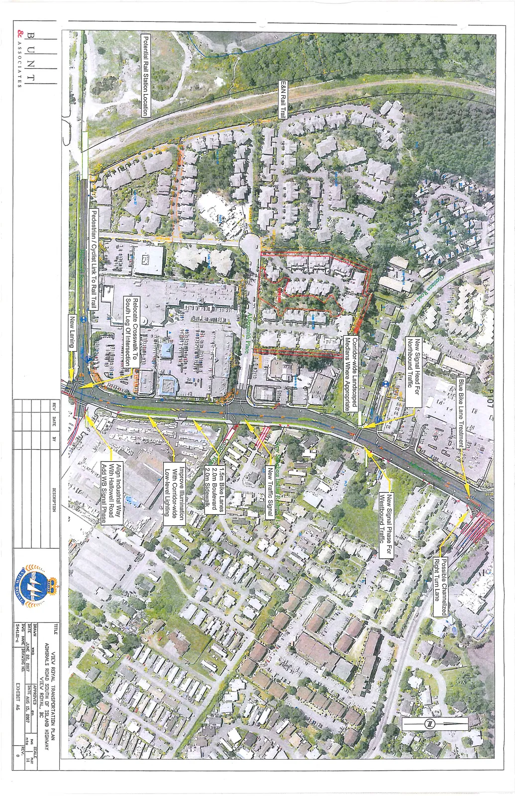 Aerial site plan showing proposed transportation improvements along Admirals Road south of Island Highway in View Royal, BC, featuring new signals, bike lanes, and pedestrian links.