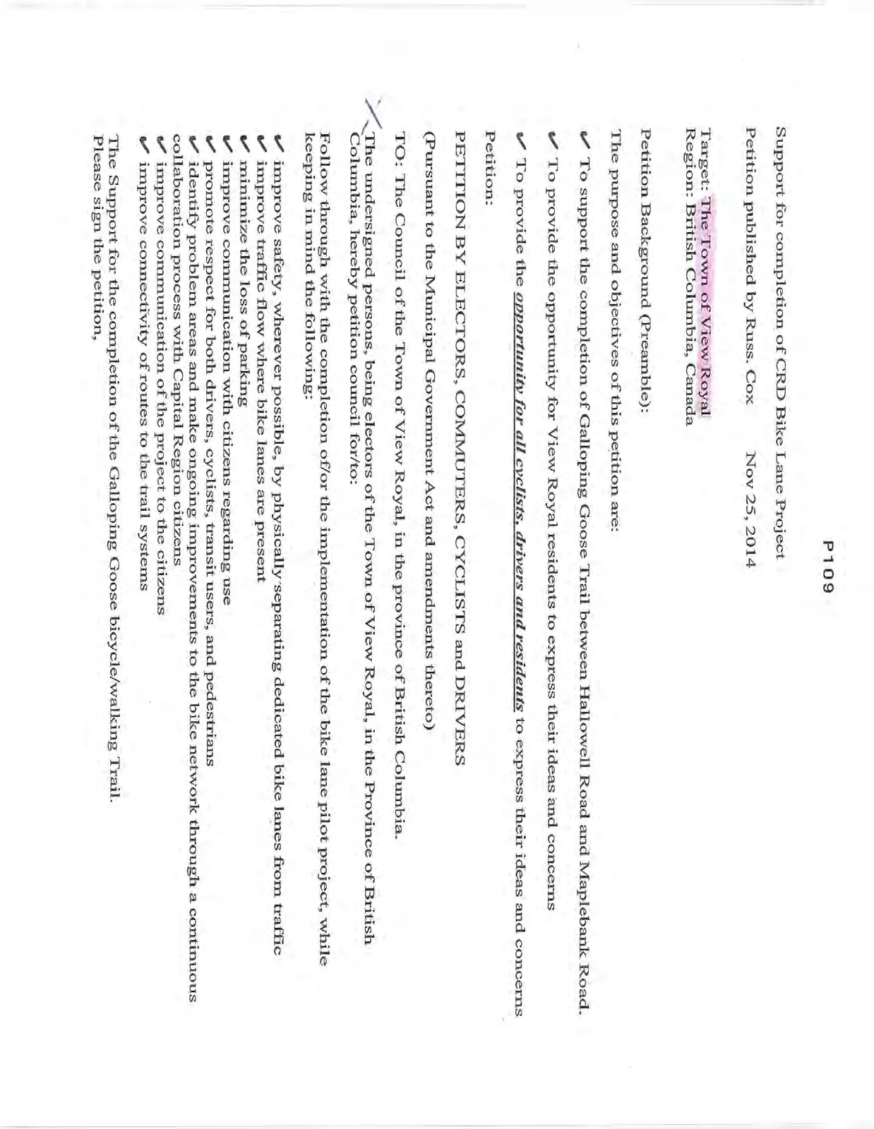 Petition text outlining objectives and background regarding the CRD Bike Lane Project and Galloping Goose Trail.