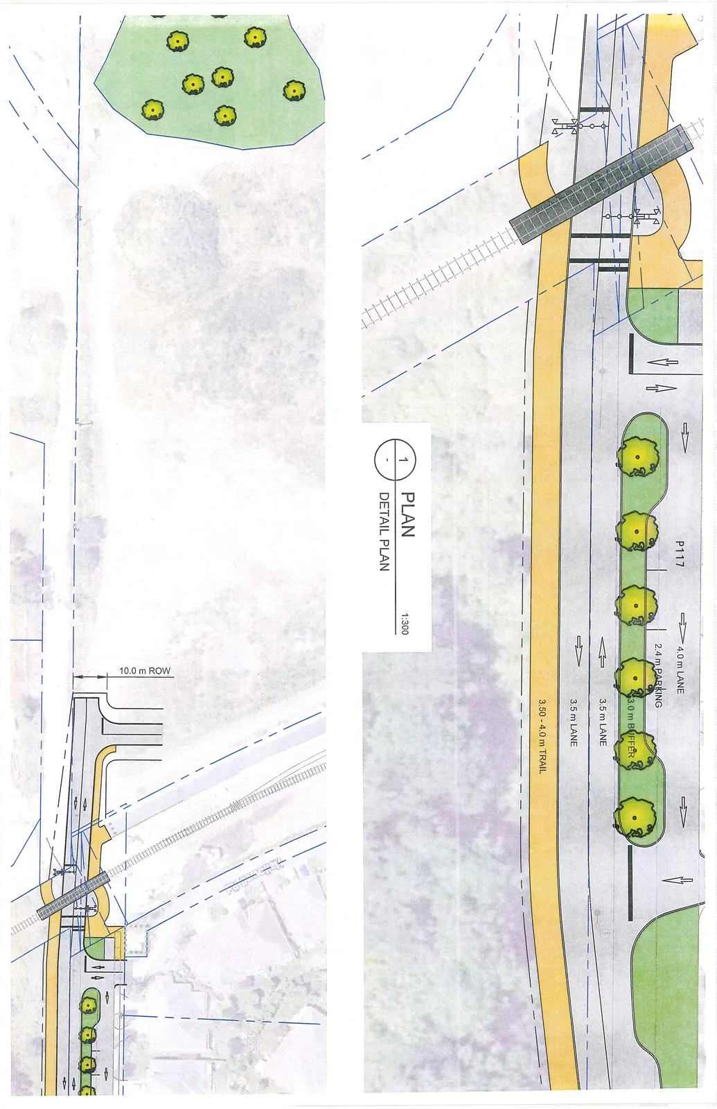 Engineering site plan diagrams. The top detail illustrates a road layout featuring a 4.0 m lane, 2.4 m parking, a 3.0 m treed buffer, two 3.5 m travel lanes, and a 3.50 - 4.0 m trail. A bridge structure is shown crossing a rail line. The bottom diagram provides a broader site view of the road and rail crossing, labeling a 10.0 m ROW (Right of Way).