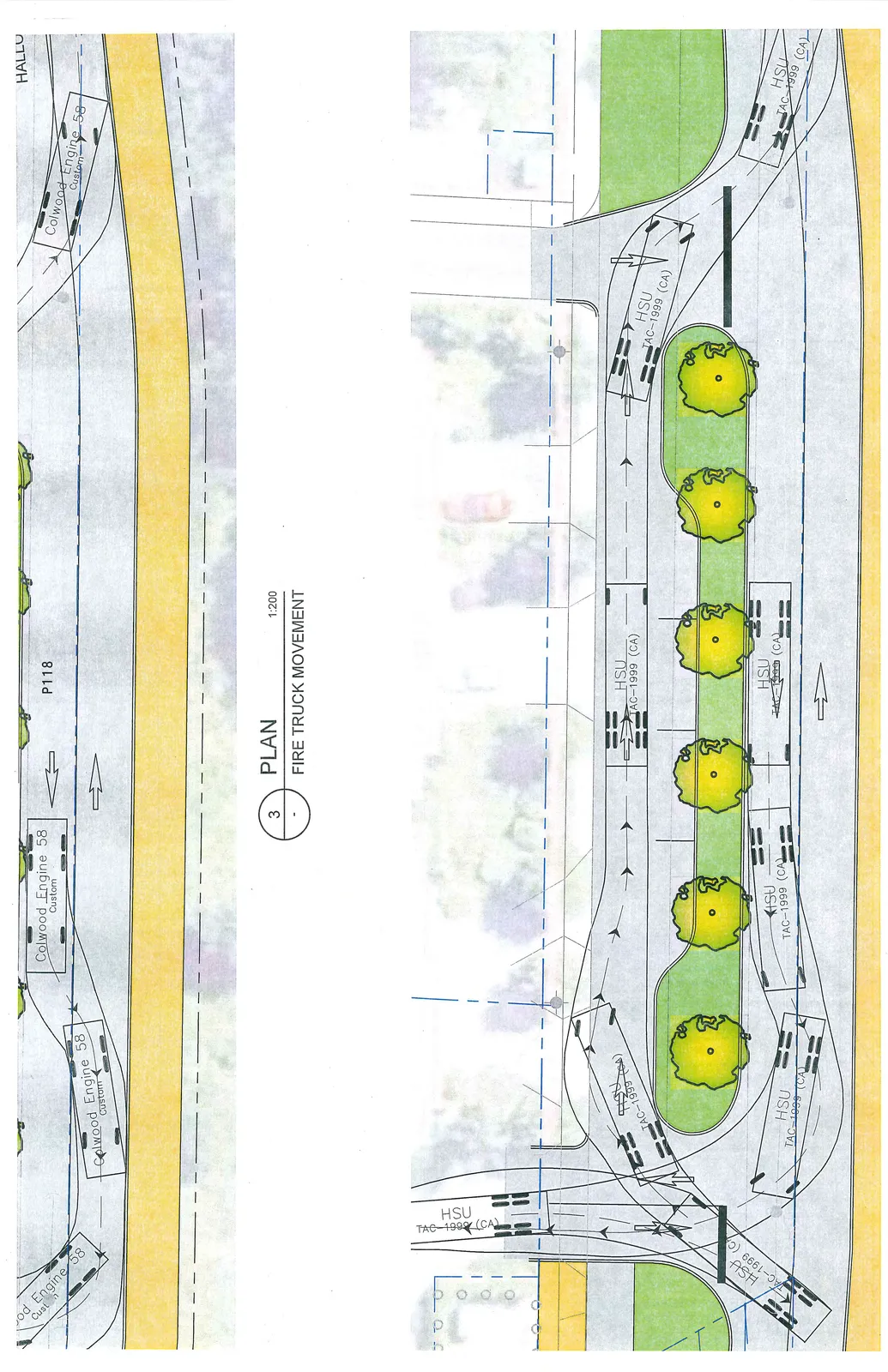 Vehicle swept path analysis diagrams. The top section shows the maneuverability of "Colwood Engine 58 Custom" along a road segment labeled P118. The bottom section depicts the turning paths for an "HSU TAC-1999 (CA)" vehicle through an intersection and adjacent to a treed parking island.