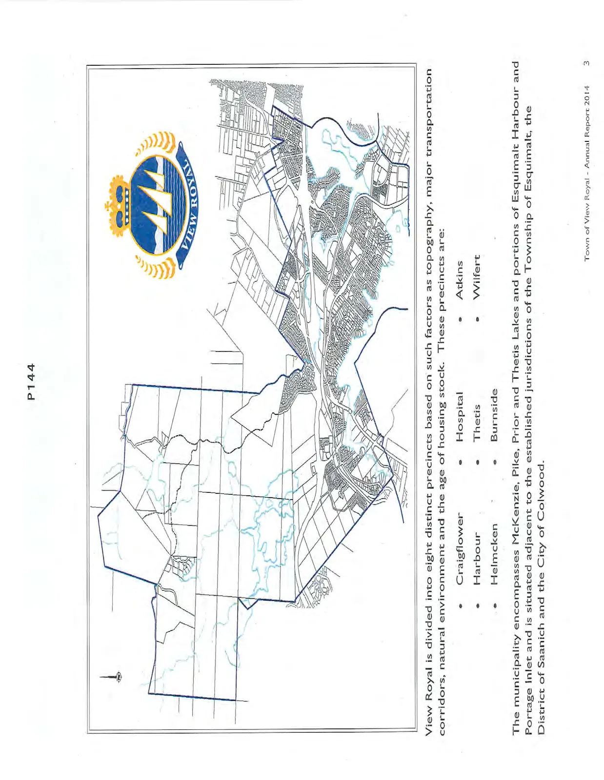 A map of the Town of View Royal divided into eight precincts: Craigflower, Harbour, Helmcken, Hospital, Thetis, Burnside, Atkins, and Wilfert.