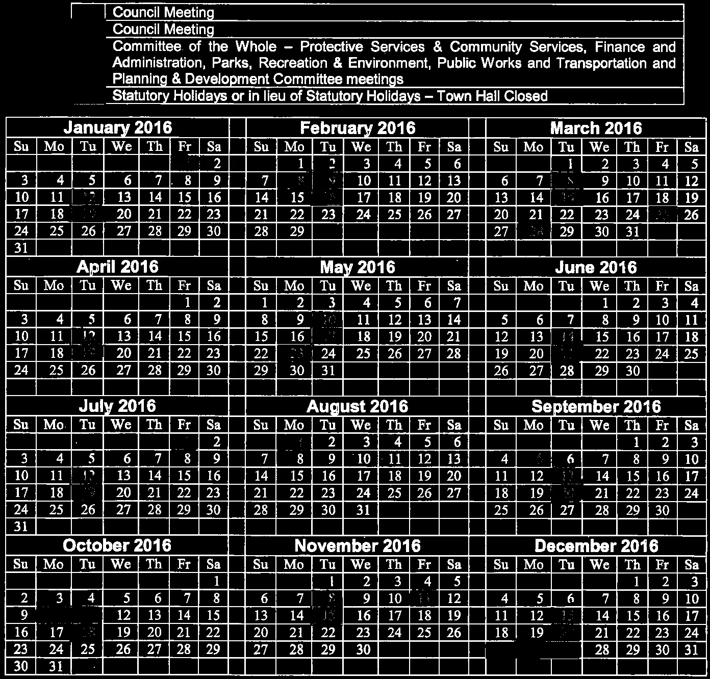 Twelve-month calendar for 2016 with color-coded dates indicating various meeting types and Town Hall closures