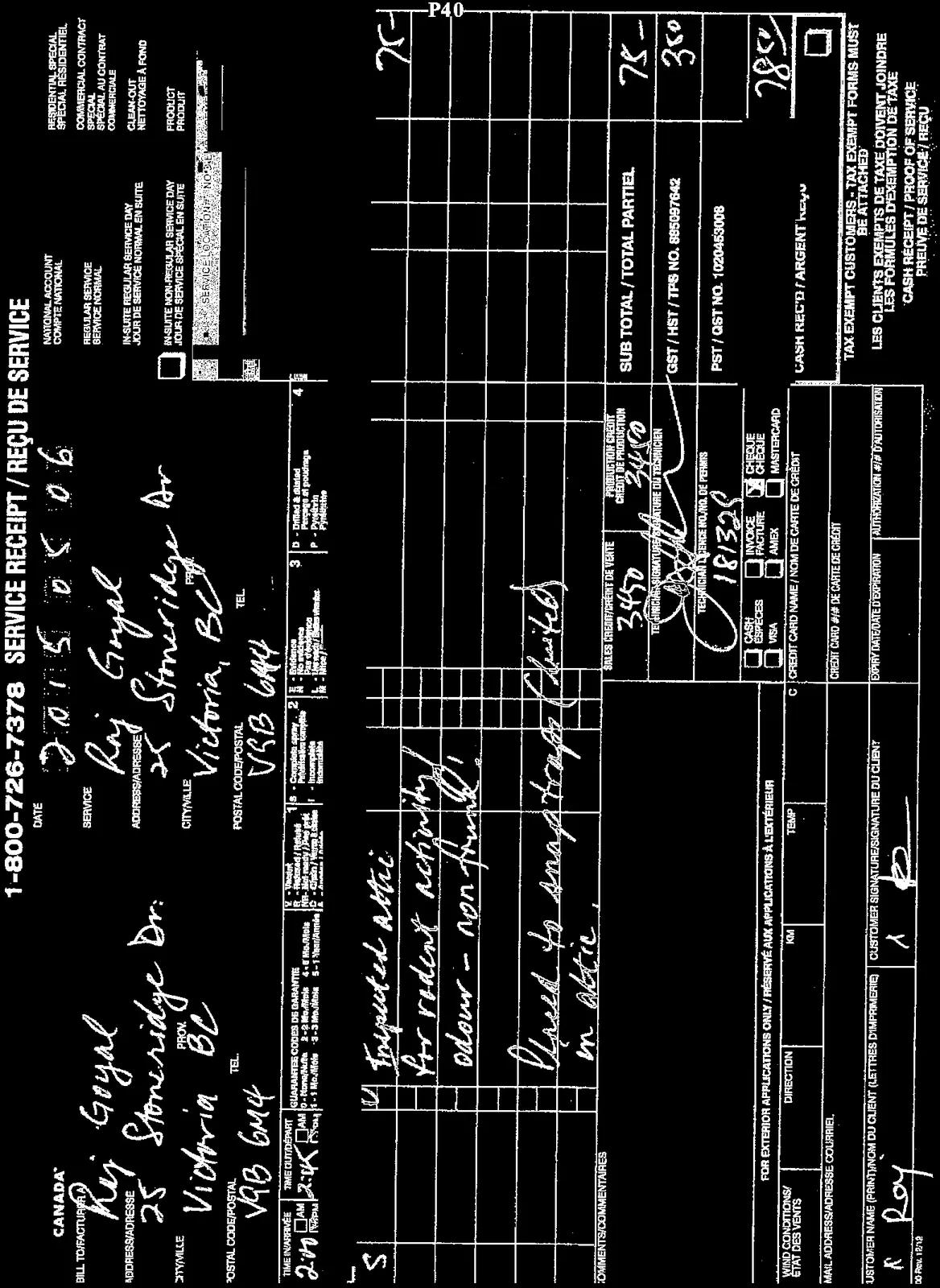 Orkin service receipt dated May 6, 2015