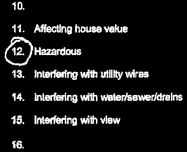 List of reasons for tree removal items 10 through 16 with item 12 'Hazardous' circled