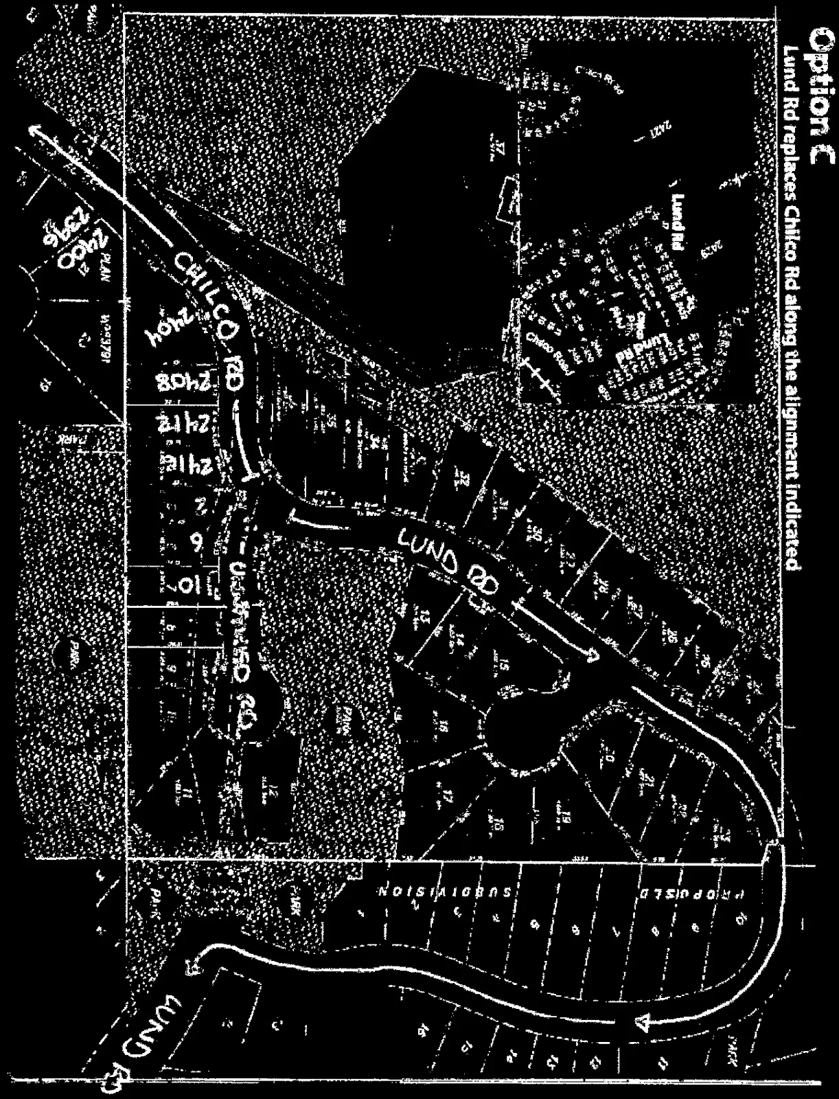 Detailed map titled Option C showing Lund Rd replacing Chilco Rd along the alignment indicated
