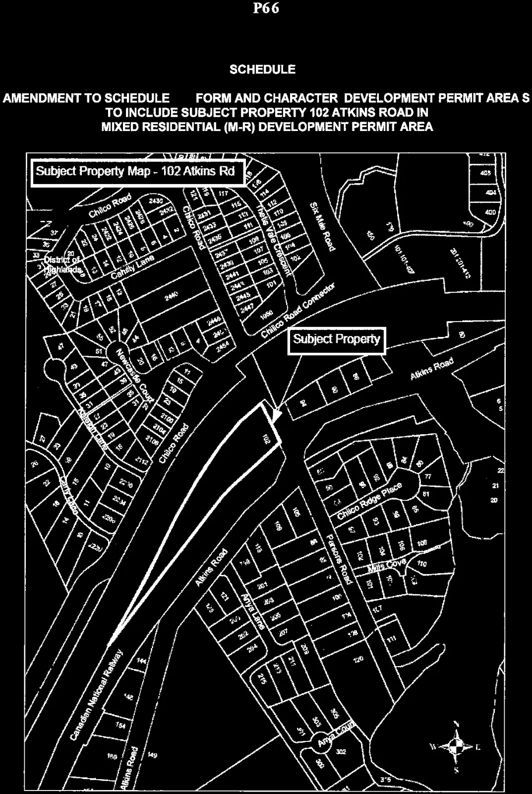 Subject Property Map for 102 Atkins Rd showing surrounding streets including Chilco Road, Newcastle Court, Atkins Road, and the Canadian National Railway