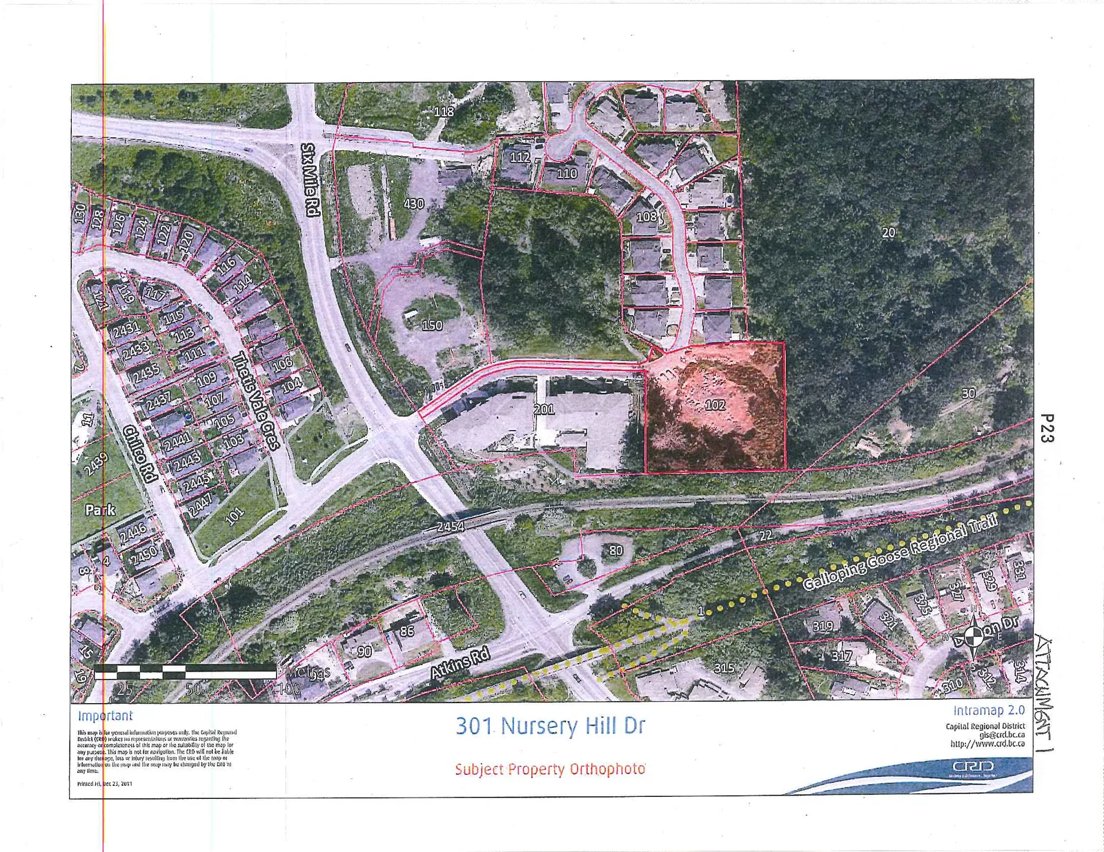 Subject property orthophoto map of 301 Nursery Hill Dr, showing property boundaries, building footprints, and surrounding streets including Six Mile Rd, Atkins Rd, Thetis Vale Cres, Chilco Rd, and the Galloping Goose Regional Trail.