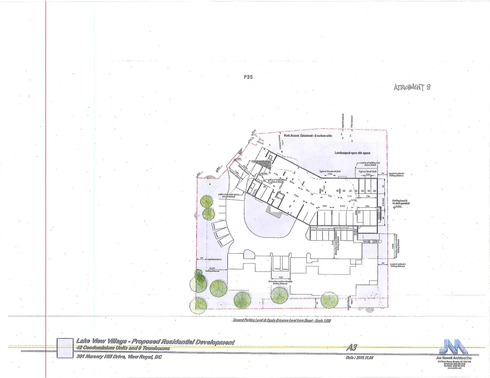 Architectural drawing titled "Second Parking Level & Condo Entrance Level from Street - Scale 1:200". The plan details the layout for the second parking level and condo entrance, showing 31 parking stalls (Standard Stalls 2.5m x 5.5m and Small Stalls 2.3m x 4.8m). Key features include a 5-meter wide Park Access Easement, landscaped open site space, building and podium outlines, and various notations for required setbacks and limiting distances.