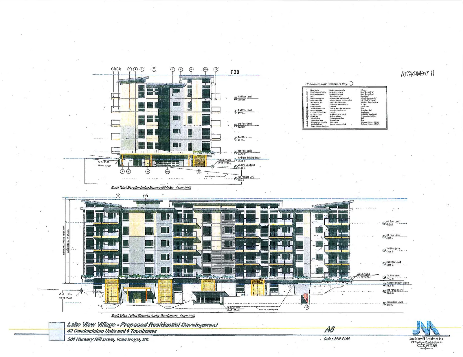 Architectural drawing showing North West and South West/West elevations of the proposed residential development at 301 Nursery Hill Drive, including a materials key.