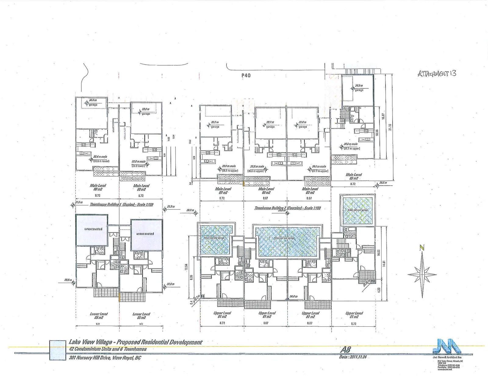 Architectural floor plans showing the layout, dimensions, and unit areas for Townhouse Building 1 (Duplex) and Townhouse Building 2 (Fourplex), including Main Level, Lower Level, and Upper Level views.