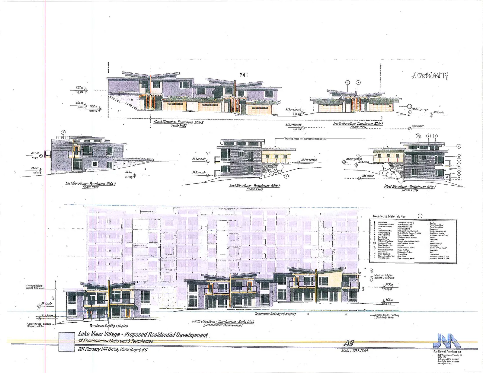 Architectural elevation drawings for Townhouse Buildings 1 and 2, including North, East, West, and South elevations, and a Materials Key.