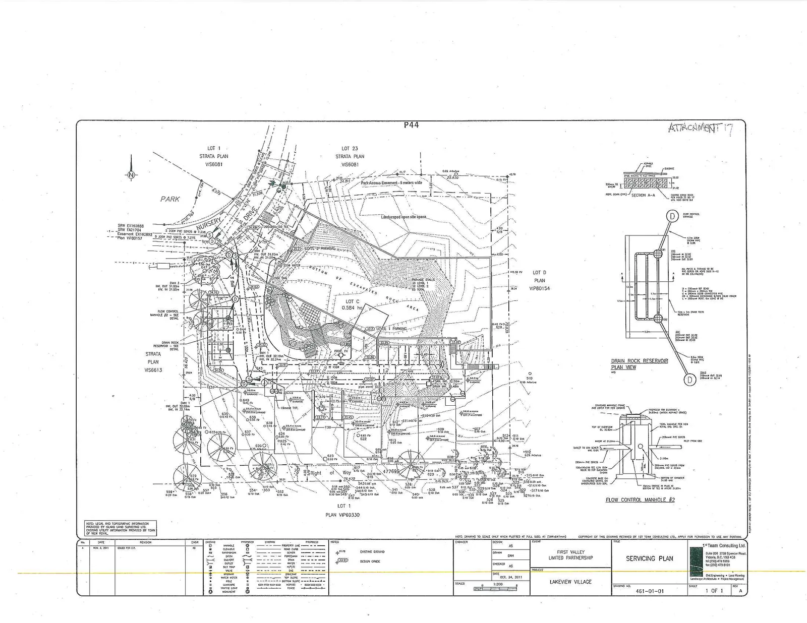 Full engineering drawing of the Servicing Plan for Lakeview Village, detailing site utilities, grading, and drainage infrastructure.