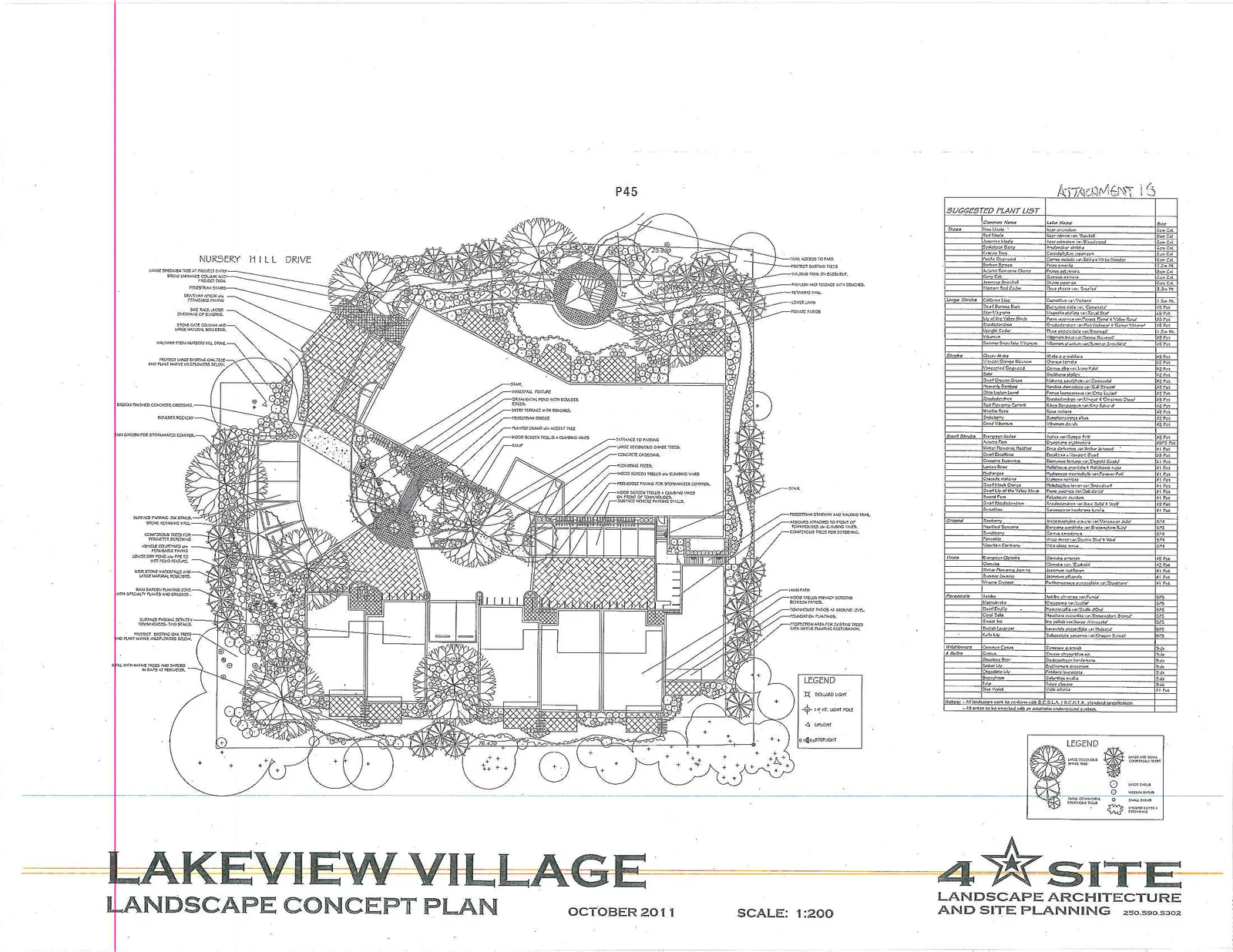 Detailed landscape architectural concept plan for Lakeview Village showing the overall site layout, building footprints, parking areas, and a comprehensive planting and hardscaping design along Nursery Hill Drive.