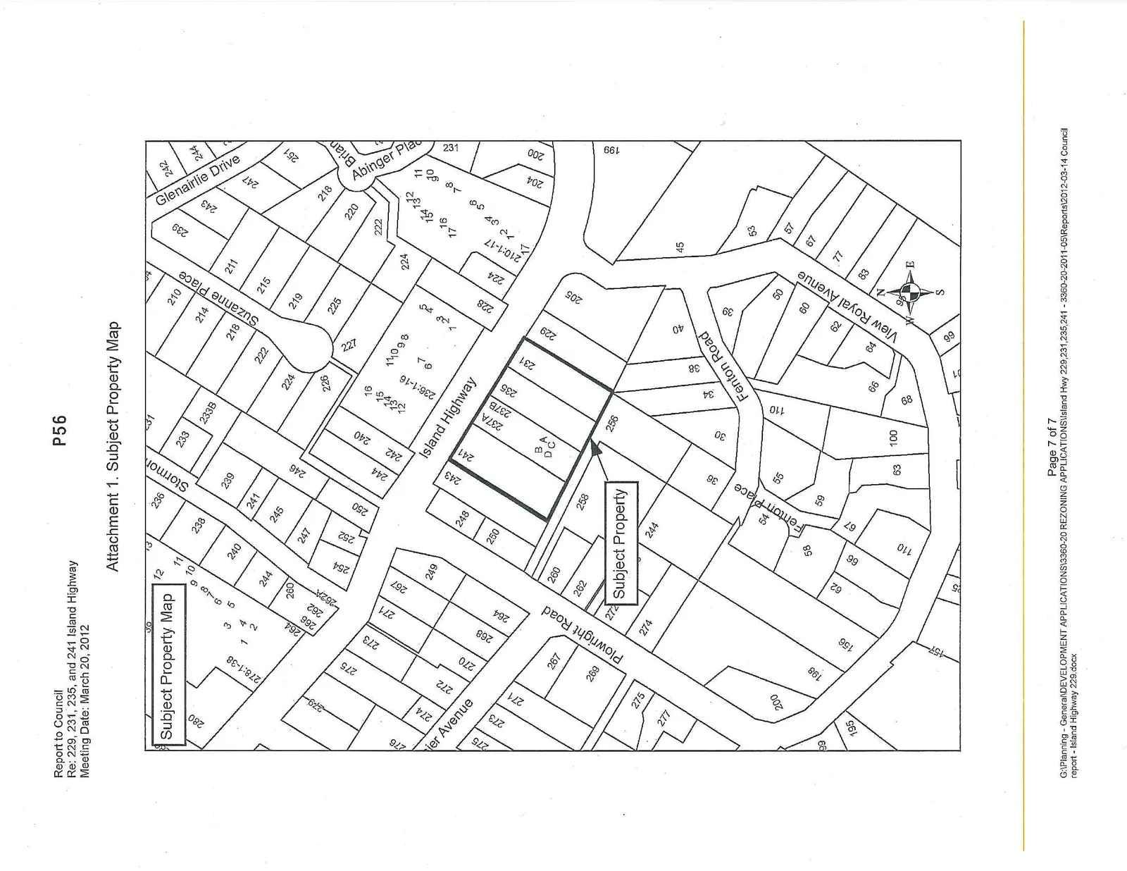 A parcel map showing the subject properties and the surrounding residential area. The "Subject Property" is identified as a series of lots fronting Island Highway, specifically including addresses 229, 231, 235, 237A, 237B, 241, and 243. Surrounding streets shown include Plowright Road, Fenton Place, Fenton Road, View Royal Avenue, Suzanne Place, Glenairlie Drive, and Abinger Place.