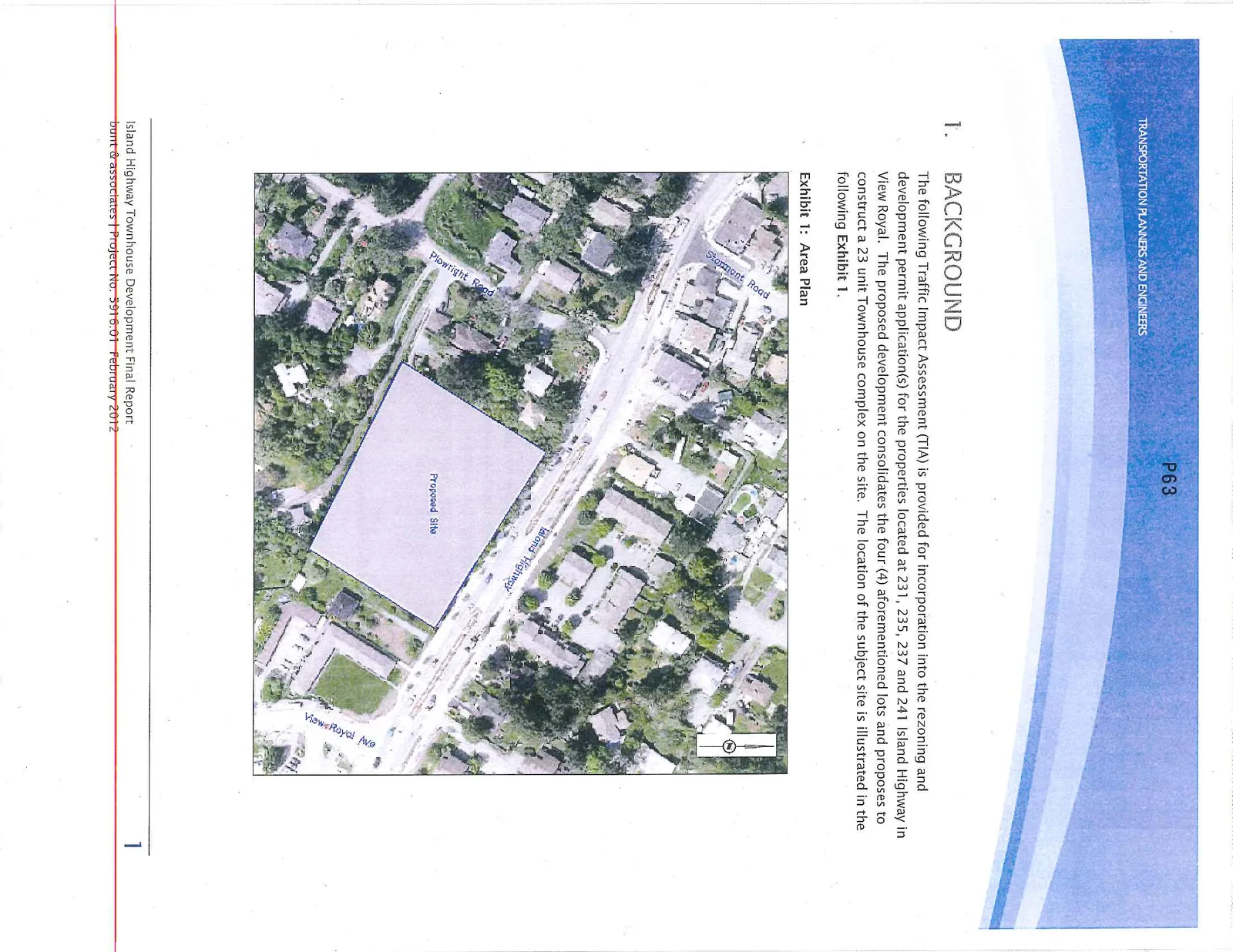 Exhibit 1: Area Plan showing aerial view of the proposed site location bounded by Island Highway, Plowright Road, and View Royal Ave