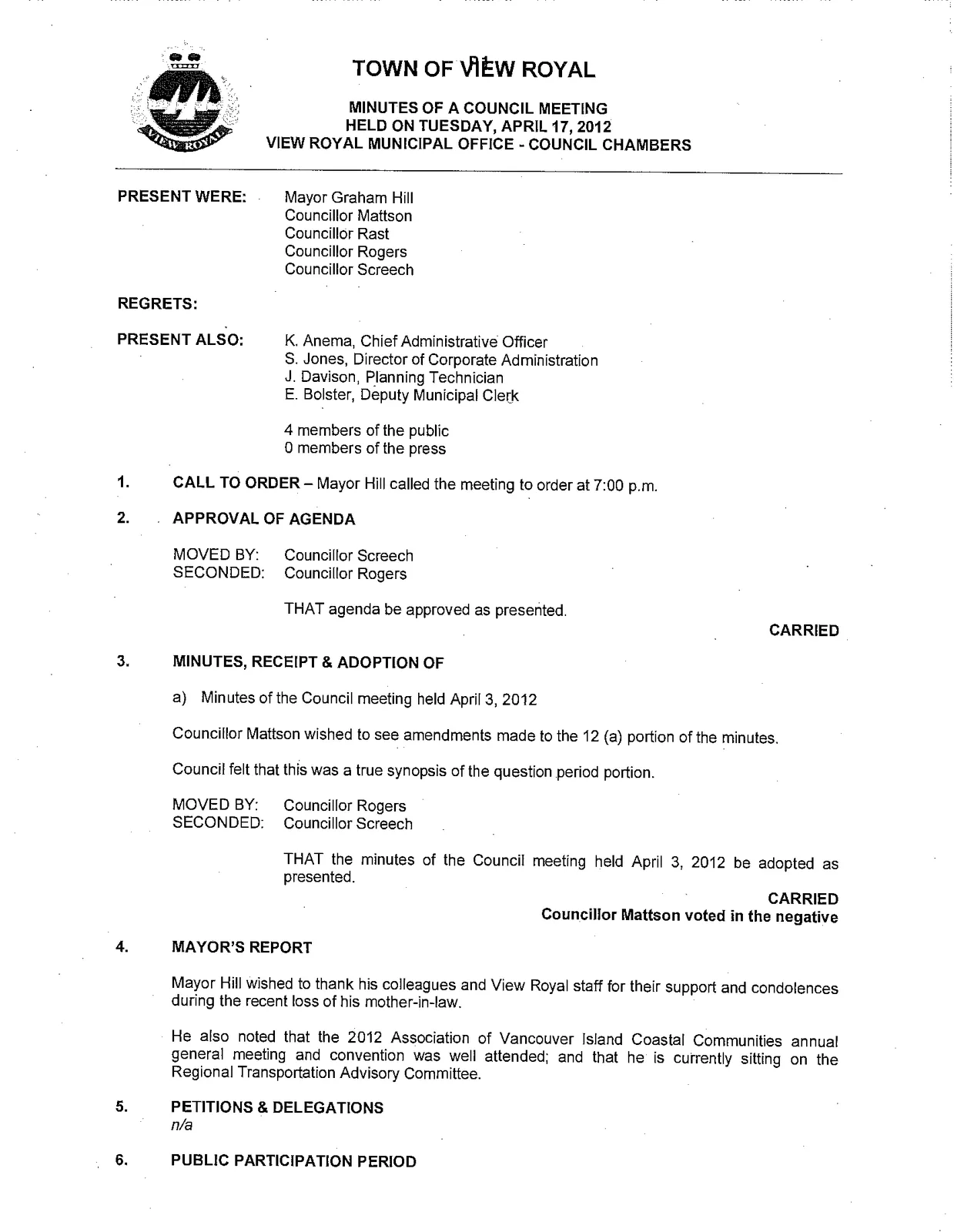 Minutes of a Council Meeting held Tuesday, April 17, 2012, Page 1