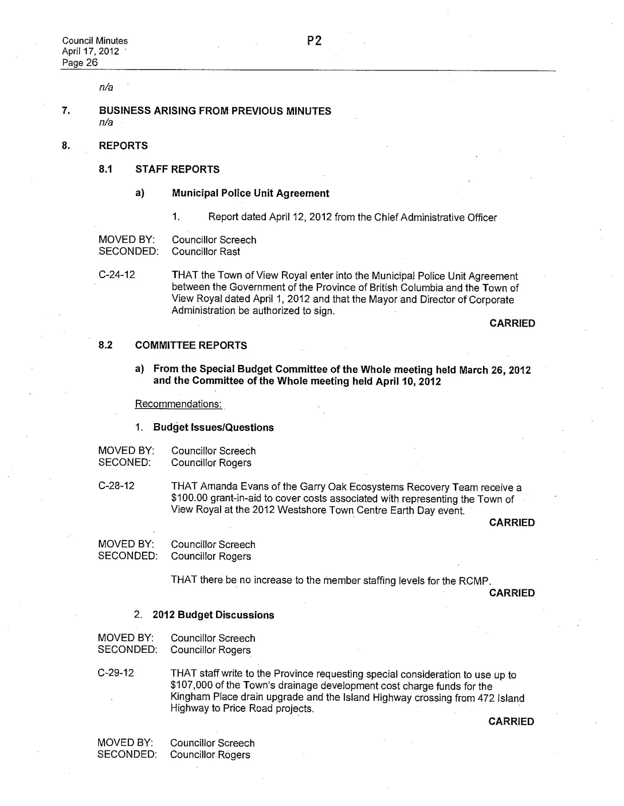 Minutes of a Council Meeting held April 17, 2012, Page 2