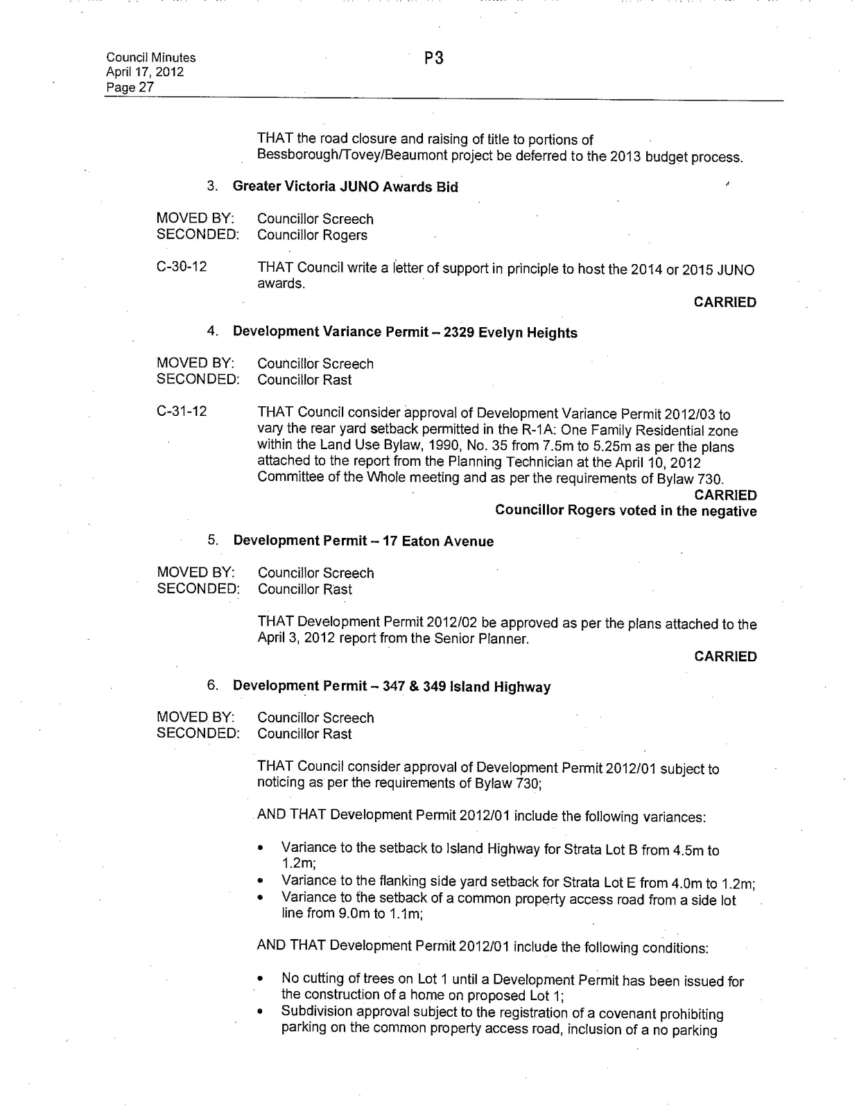 Minutes of a Council Meeting held April 17, 2012, Page 3