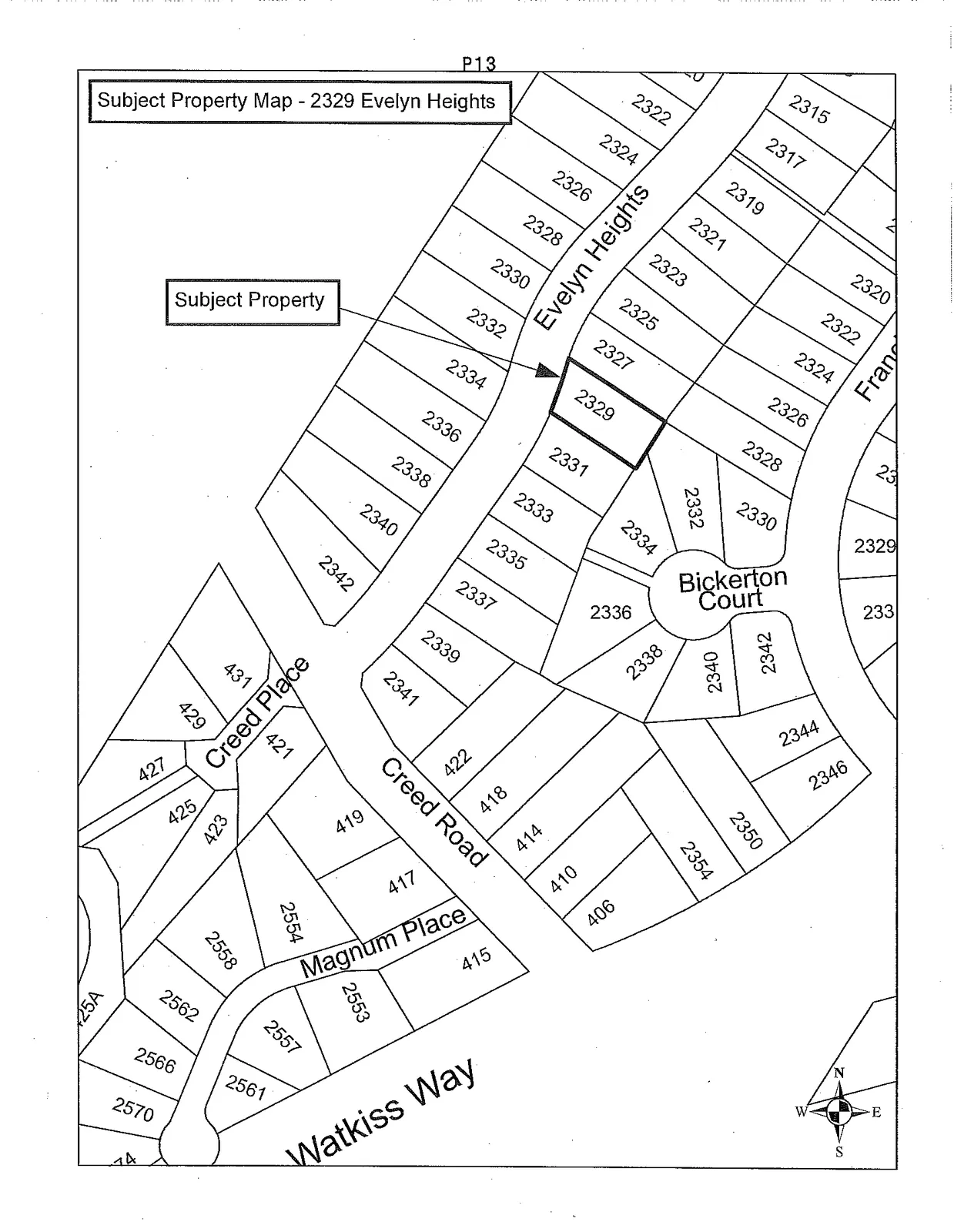 Map identifying the subject property at 2329 Evelyn Heights and showing surrounding residential lots and streets including Evelyn Heights, Creed Place, Creed Road, Magnum Place, Watkiss Way, and Bickerton Court