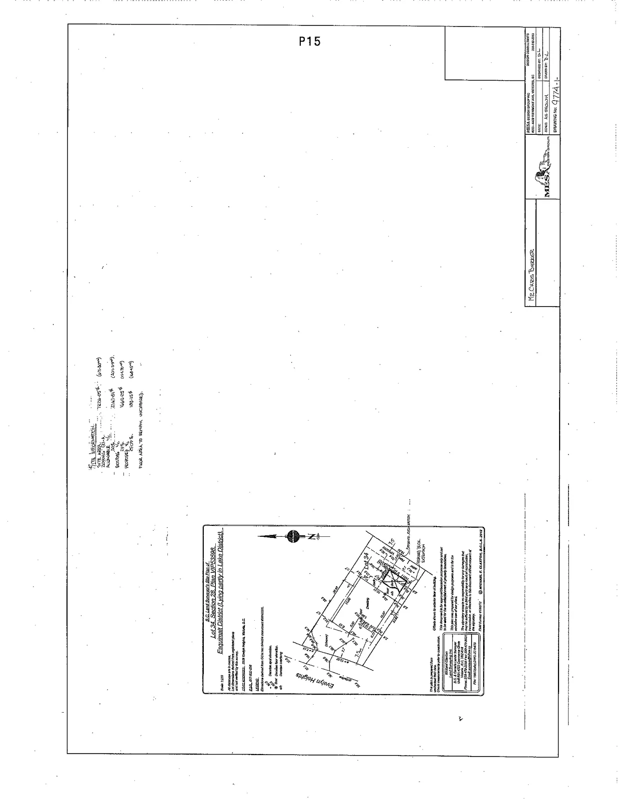 B.C. Land Surveyor's Site Plan for 2329 Evelyn Heights, illustrating property boundaries, the dwelling footprint, and details for Lot 34, Plan VIP53598
