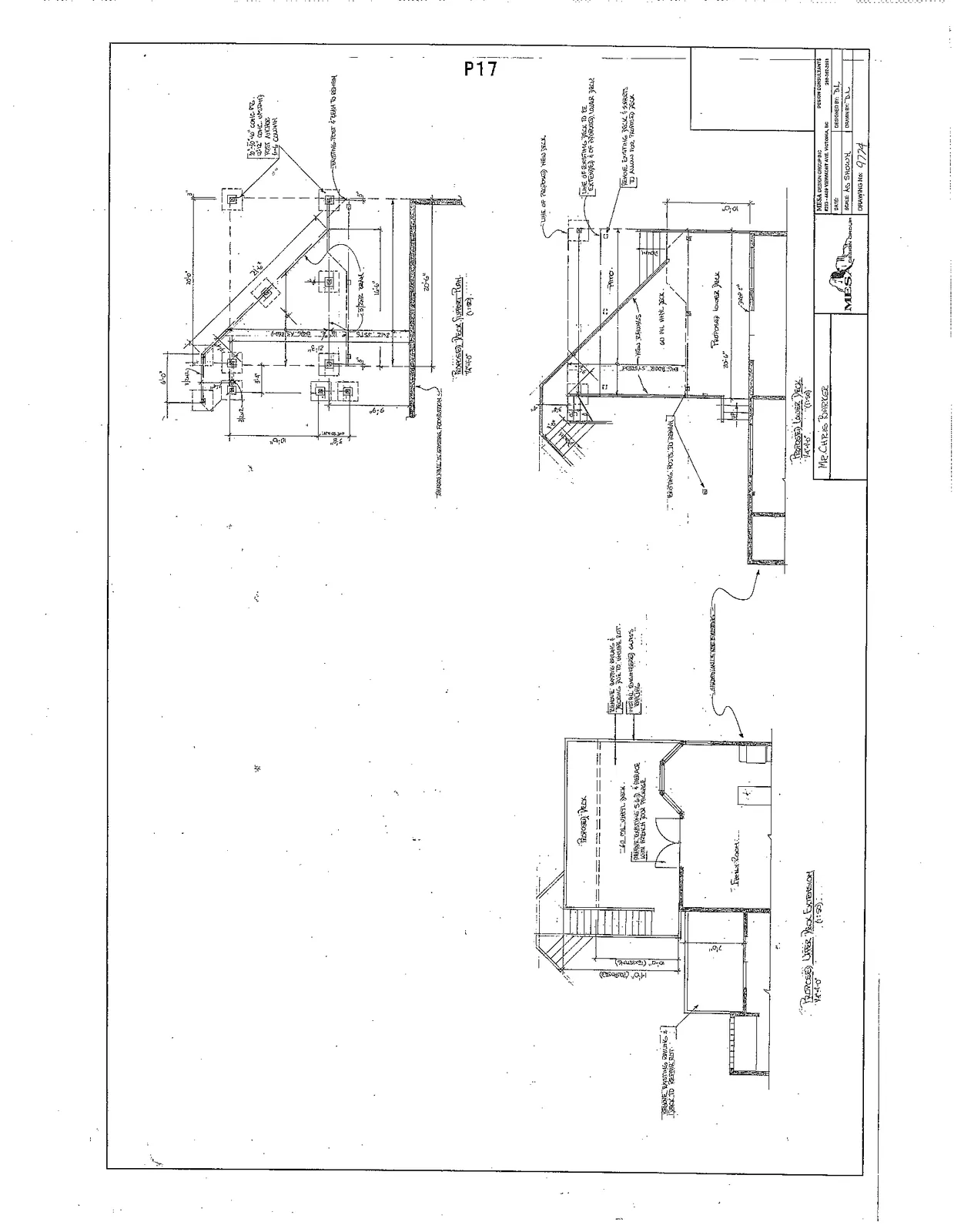 Technical architectural drawings for the residence at 2329 Evelyn Heights, featuring a deck framing plan, an upper deck extension elevation, and a lower deck plan.