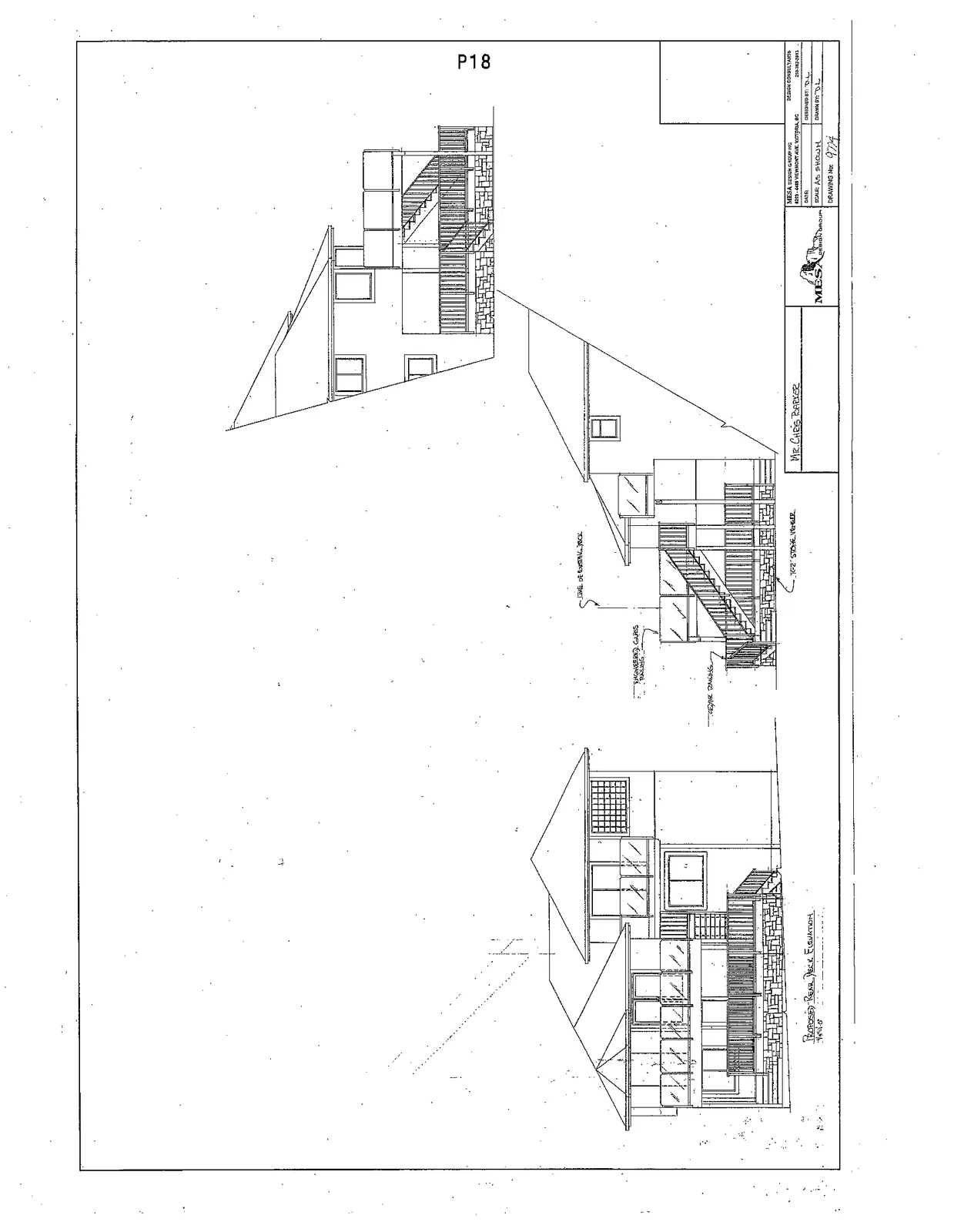 Architectural elevation drawings for the proposed rear deck at 2329 Evelyn Heights, showing rear and side views with annotations for existing deck lines, glass railings, and stone veneer.