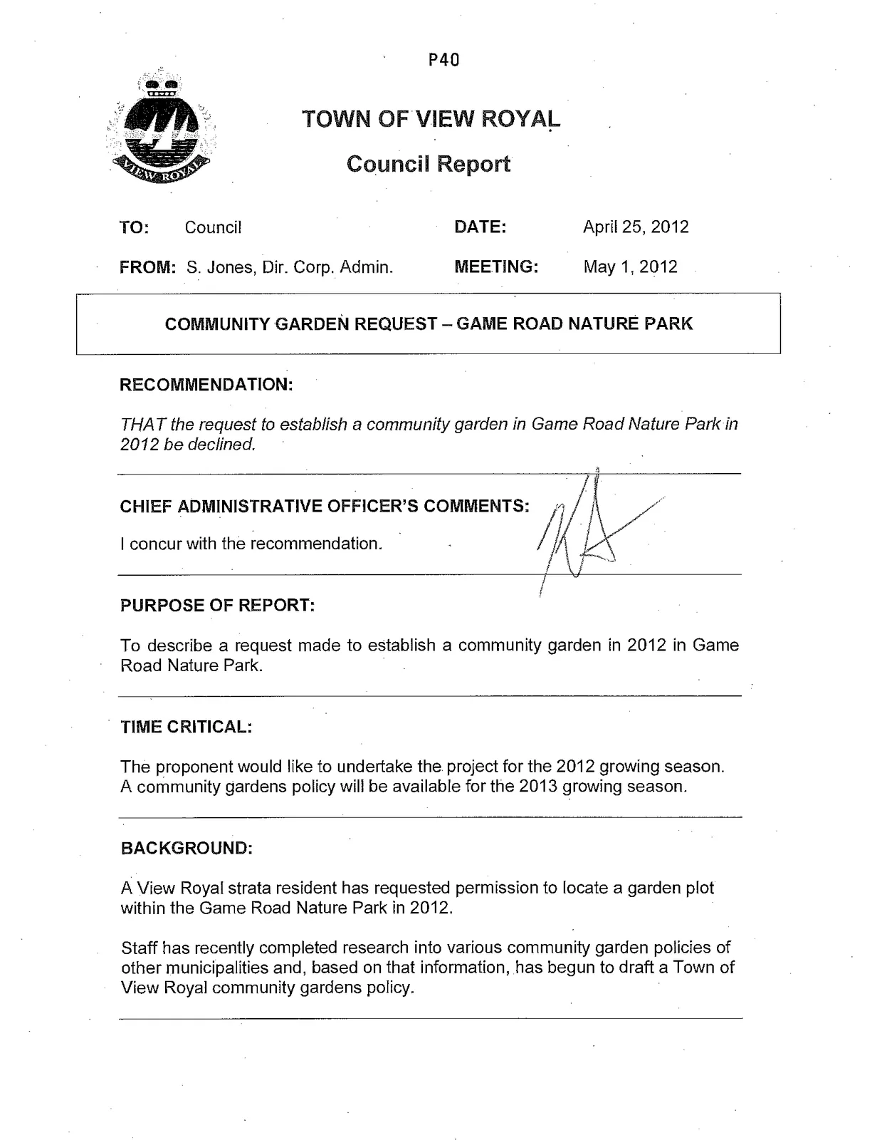 Council Report regarding Community Garden Request - Game Road Nature Park