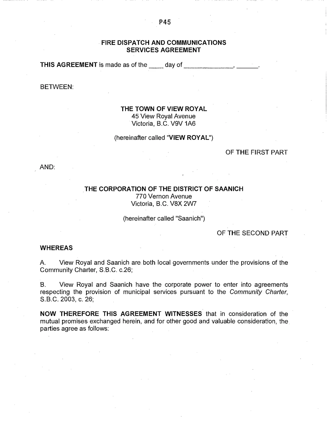 First page of the Fire Dispatch and Communications Services Agreement between the Town of View Royal and the Corporation of the District of Saanich