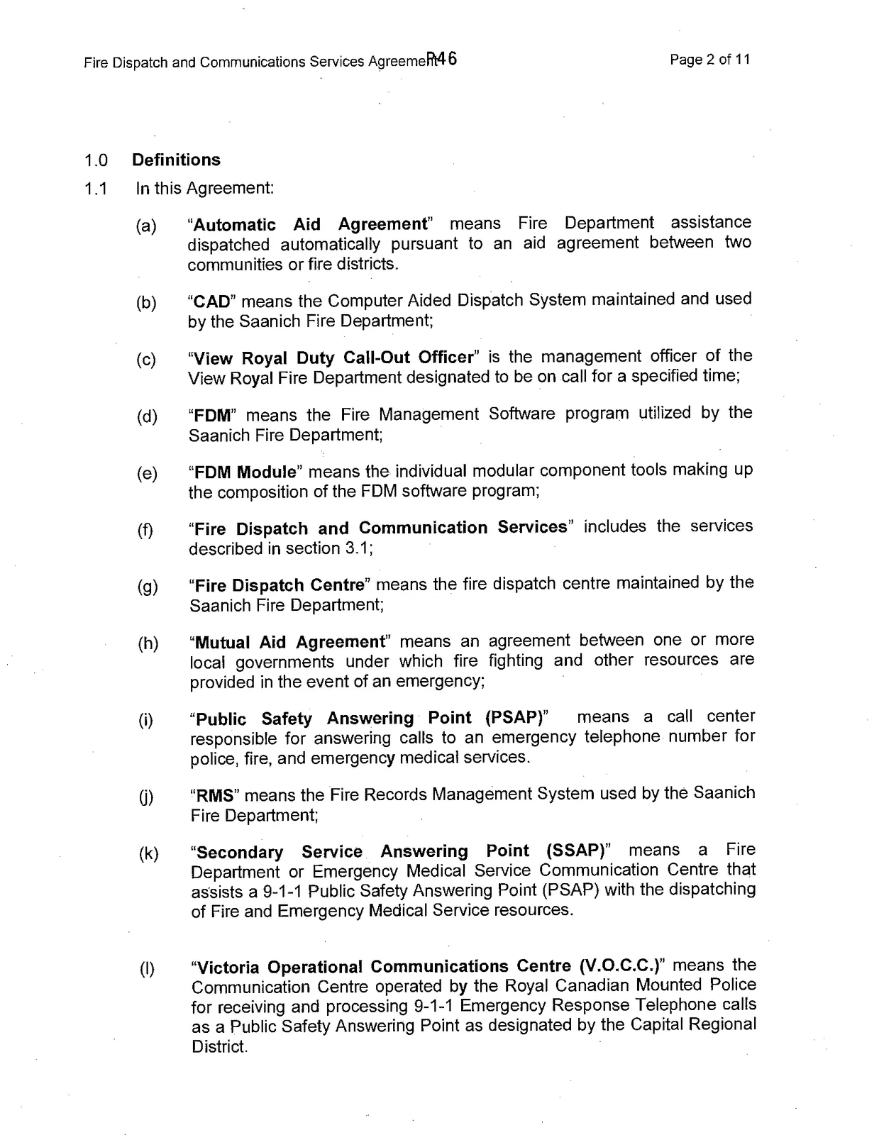 Definitions section of the Fire Dispatch and Communications Services Agreement